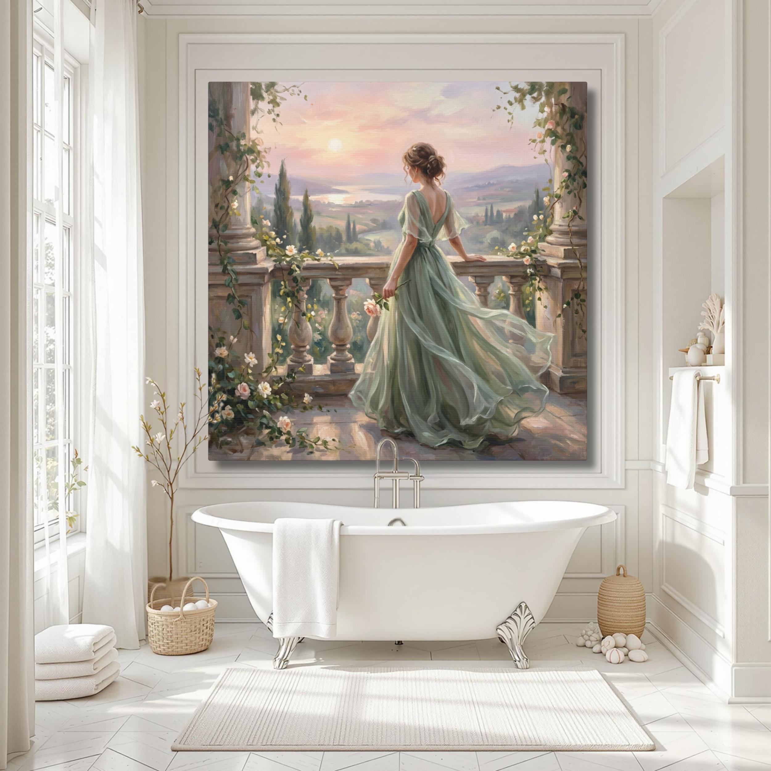 Romantic Balcony Sunset With Flowing Dress