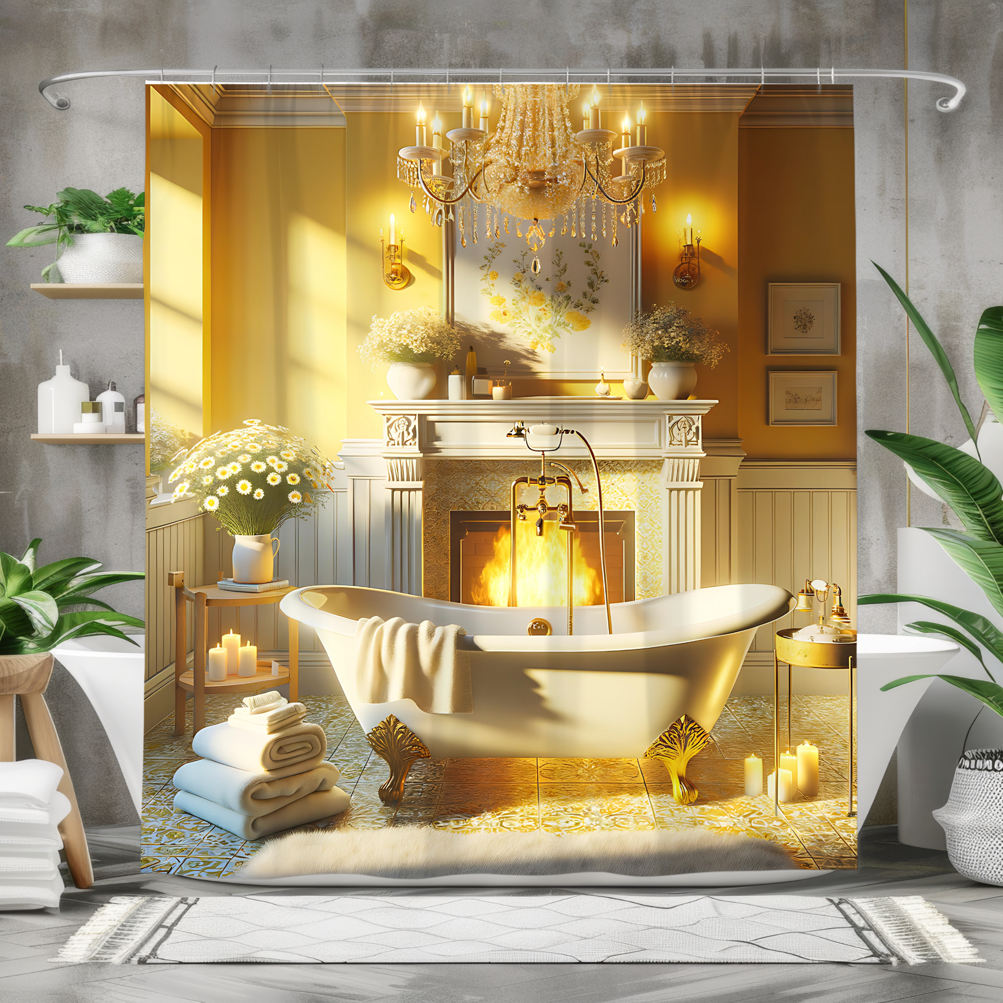 Golden Fireplace Bathroom – Elegant Yellow Shower Curtain