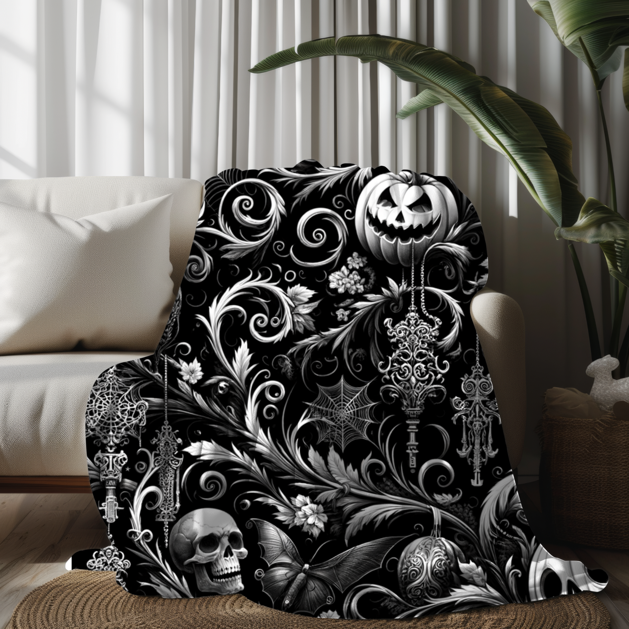 Gothic Halloween Scrollwork – Black and White Velveteen Blanket