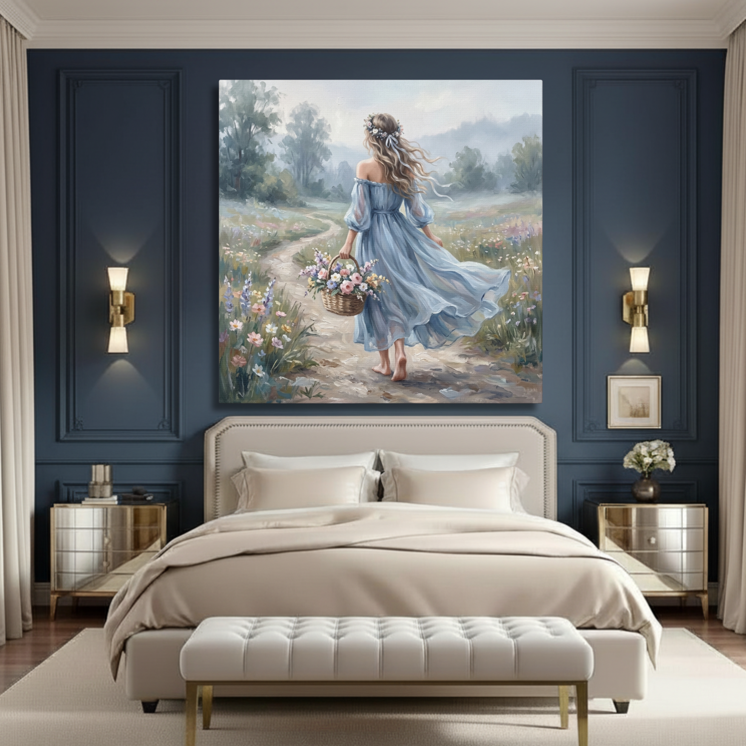 Cottagecore Meadow Walk With Flowing Blue Dress