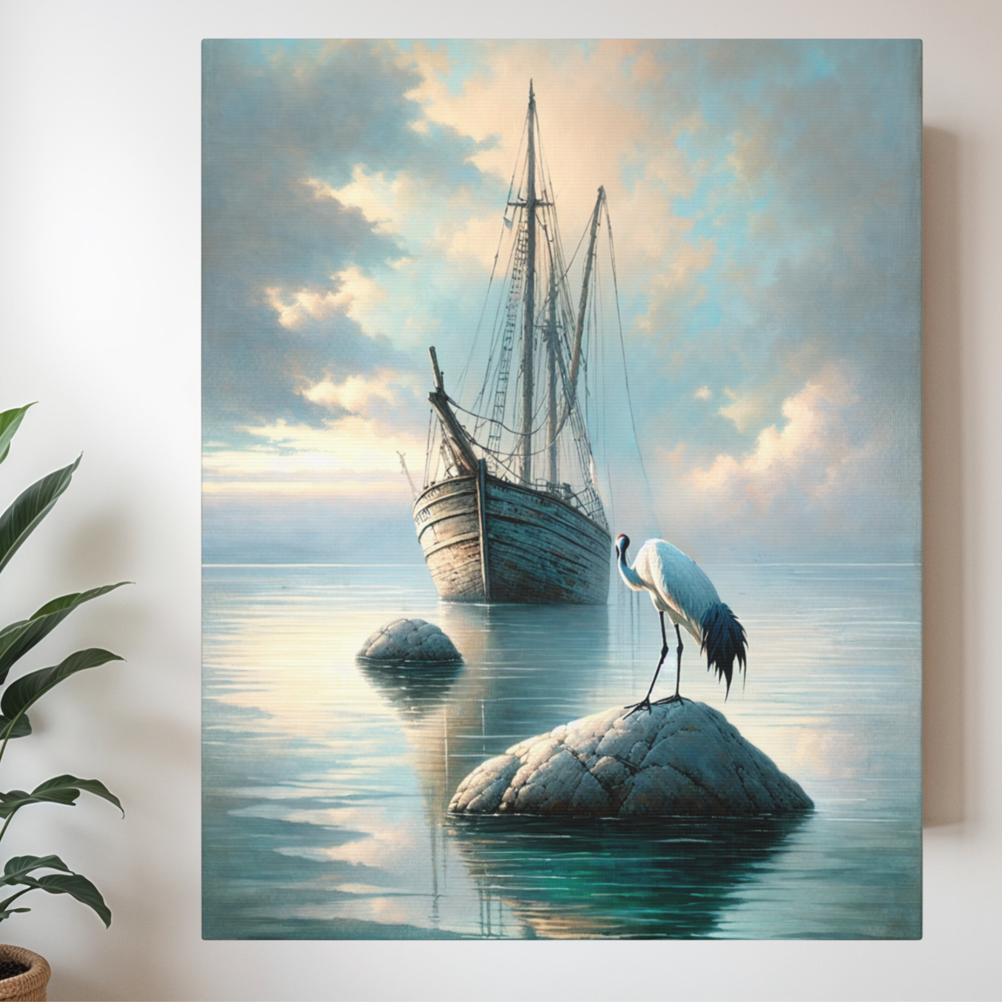 Sailing Ship With Crane in Morning Light – Coastal Serenity Wall Art