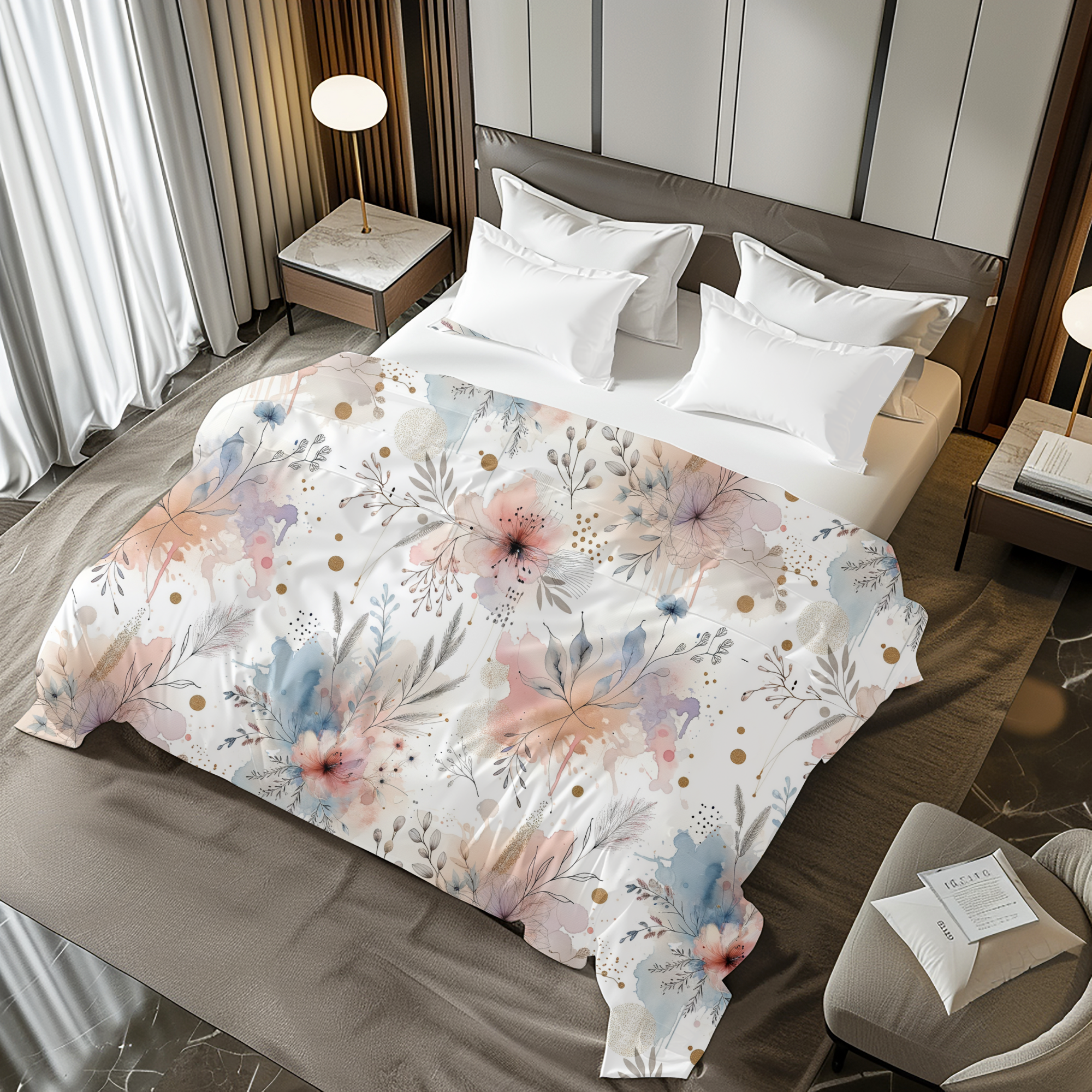 Watercolor Blush and Blue Petals – Soft Floral Duvet Cover