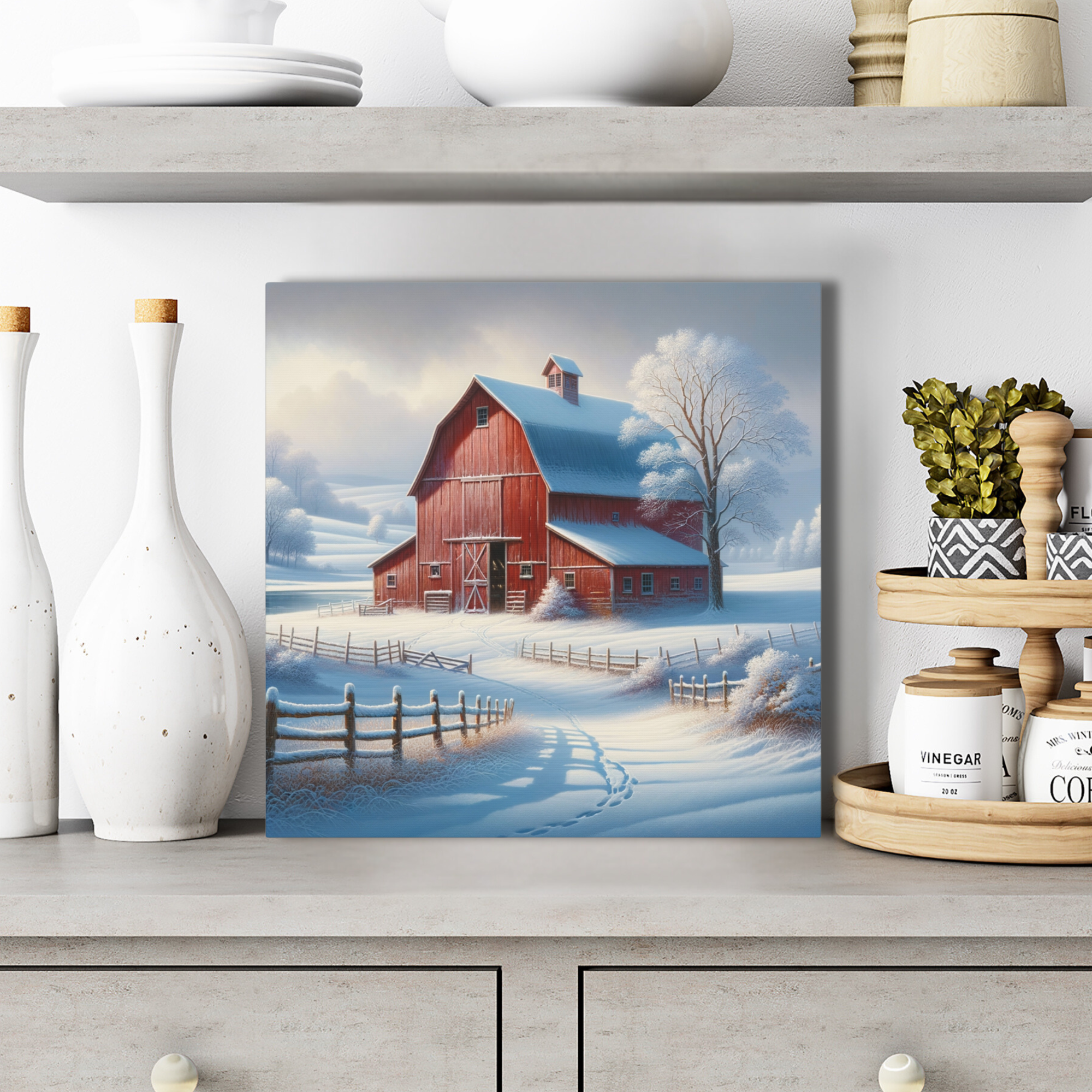 Red Barn Wall Art – Winter Farmhouse Snow Scene Canvas