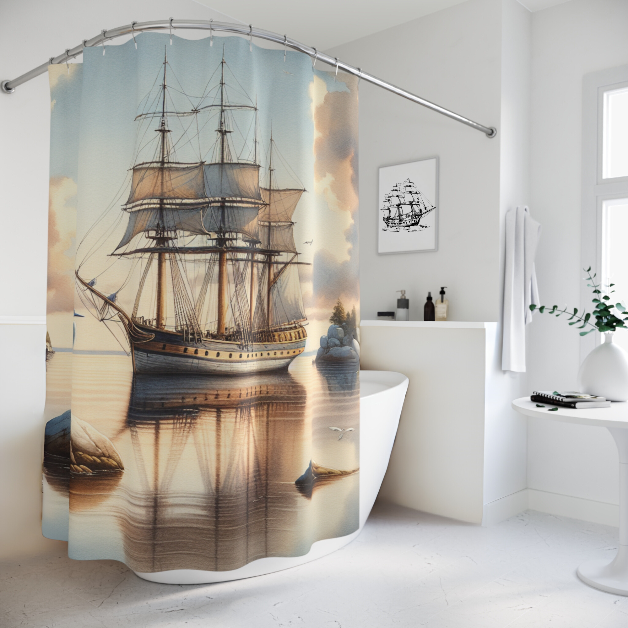 Romantic Sailing Ship and Heron – Nautical Watercolor Shower Curtain