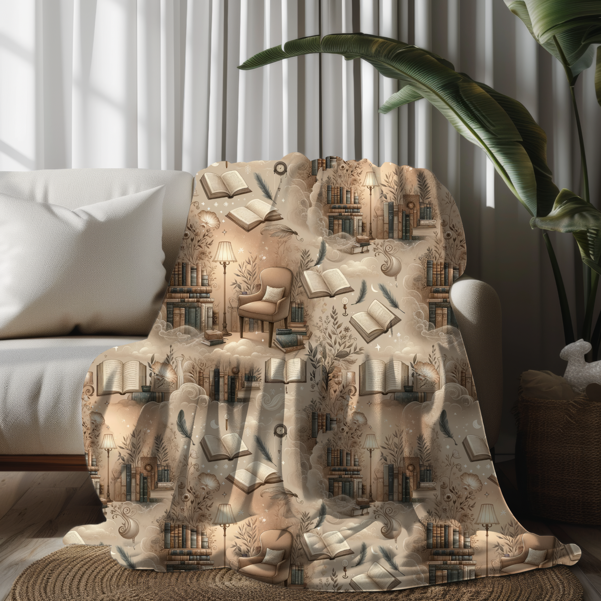 Sepia Library Dreams – Cozy Reading Sherpa Blanket