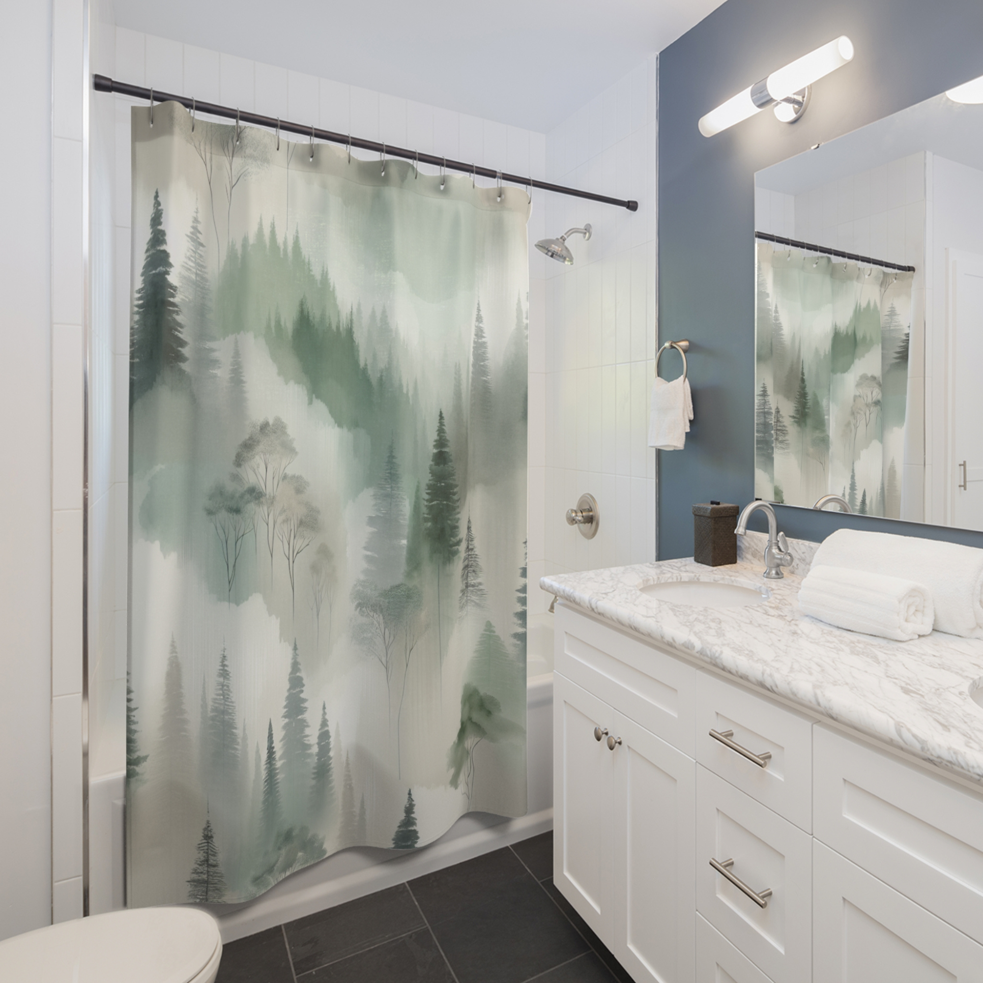 Misty Forest Shower Curtain – Serene Woodland Bathroom Decor
