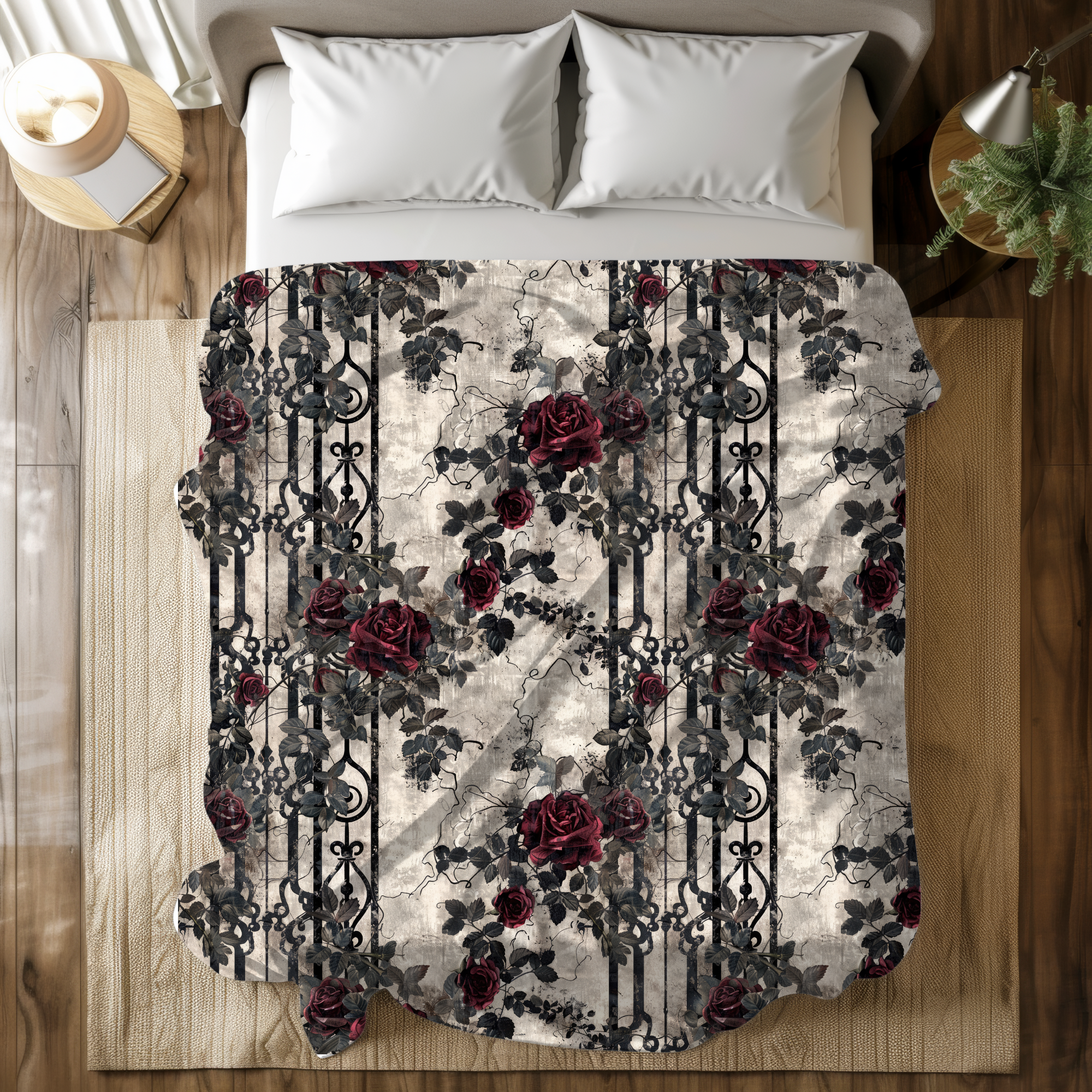 Crimson Roses and Iron Gates – Gothic Rose Duvet Cover