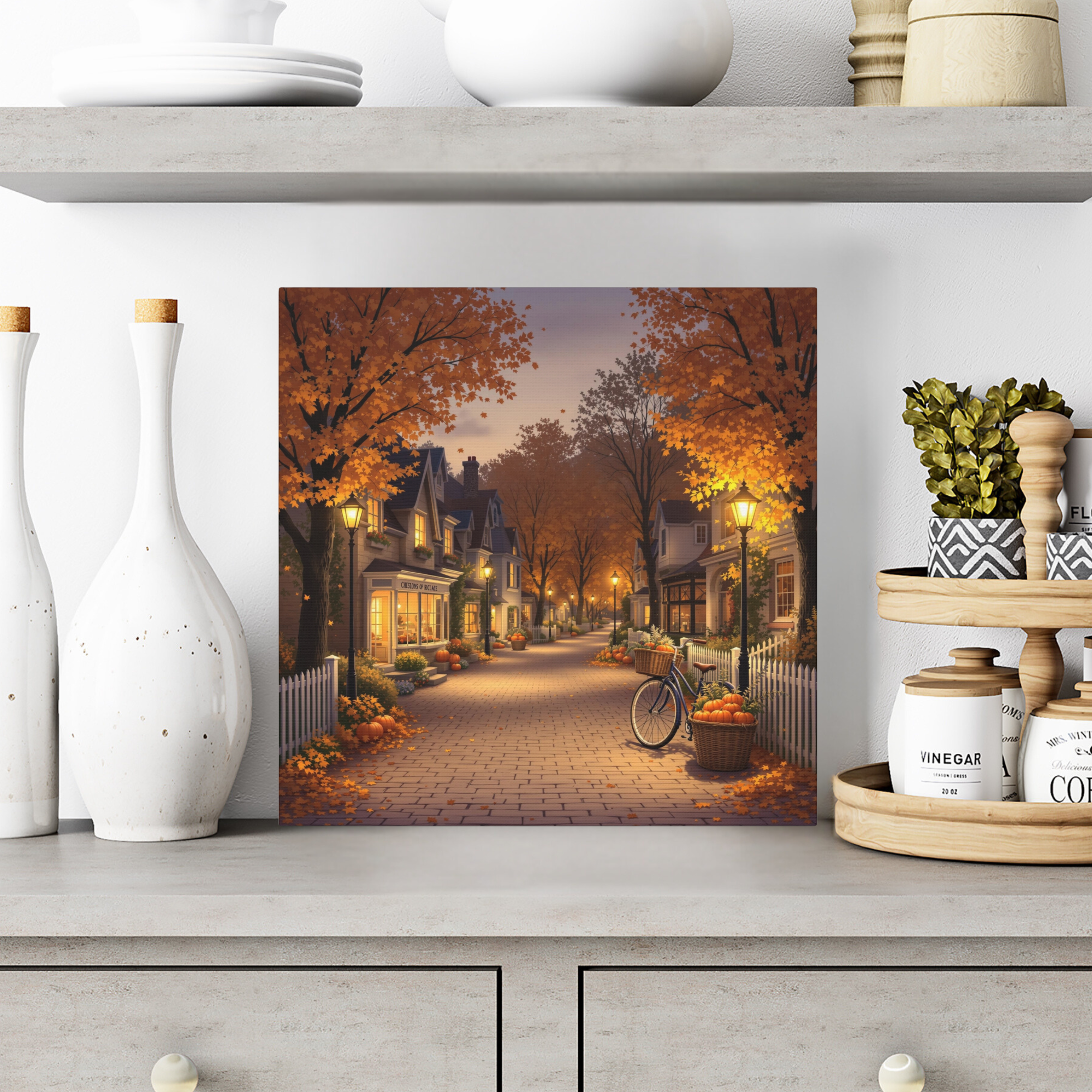 Pumpkin-Lined Village Street at Dusk – Cozy Autumn Wall Art