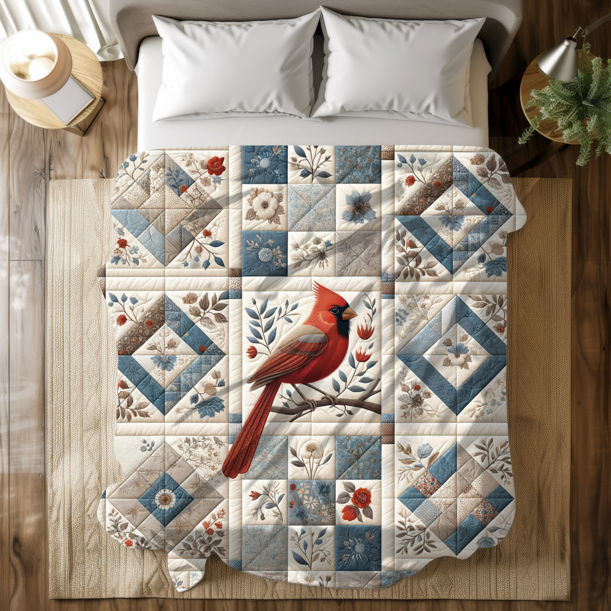Cardinal in Blue Floral Patchwork – Cardinal Quilt Duvet Cover