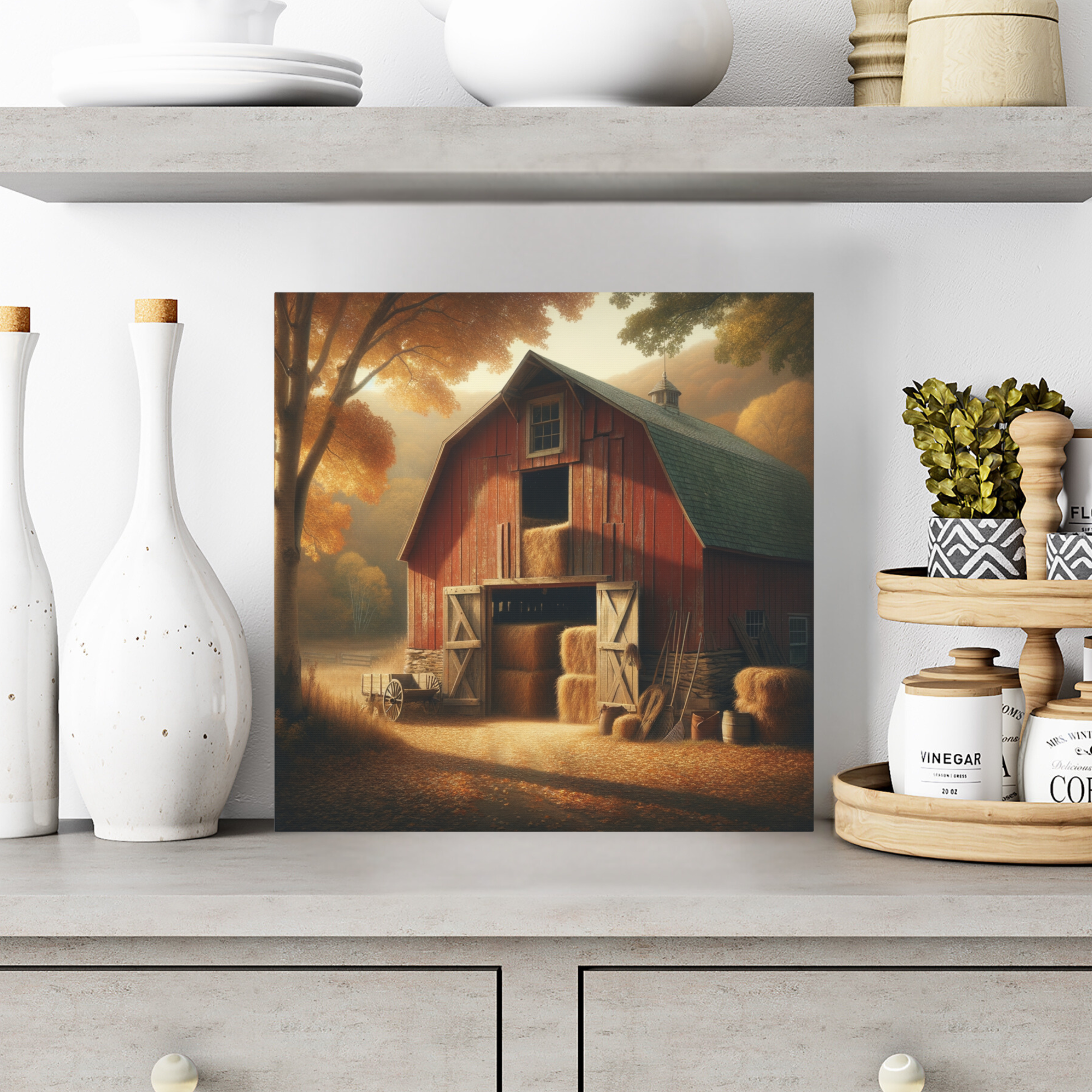Rustic Red Barn in Autumn Light – Harvest Farm Wall Art
