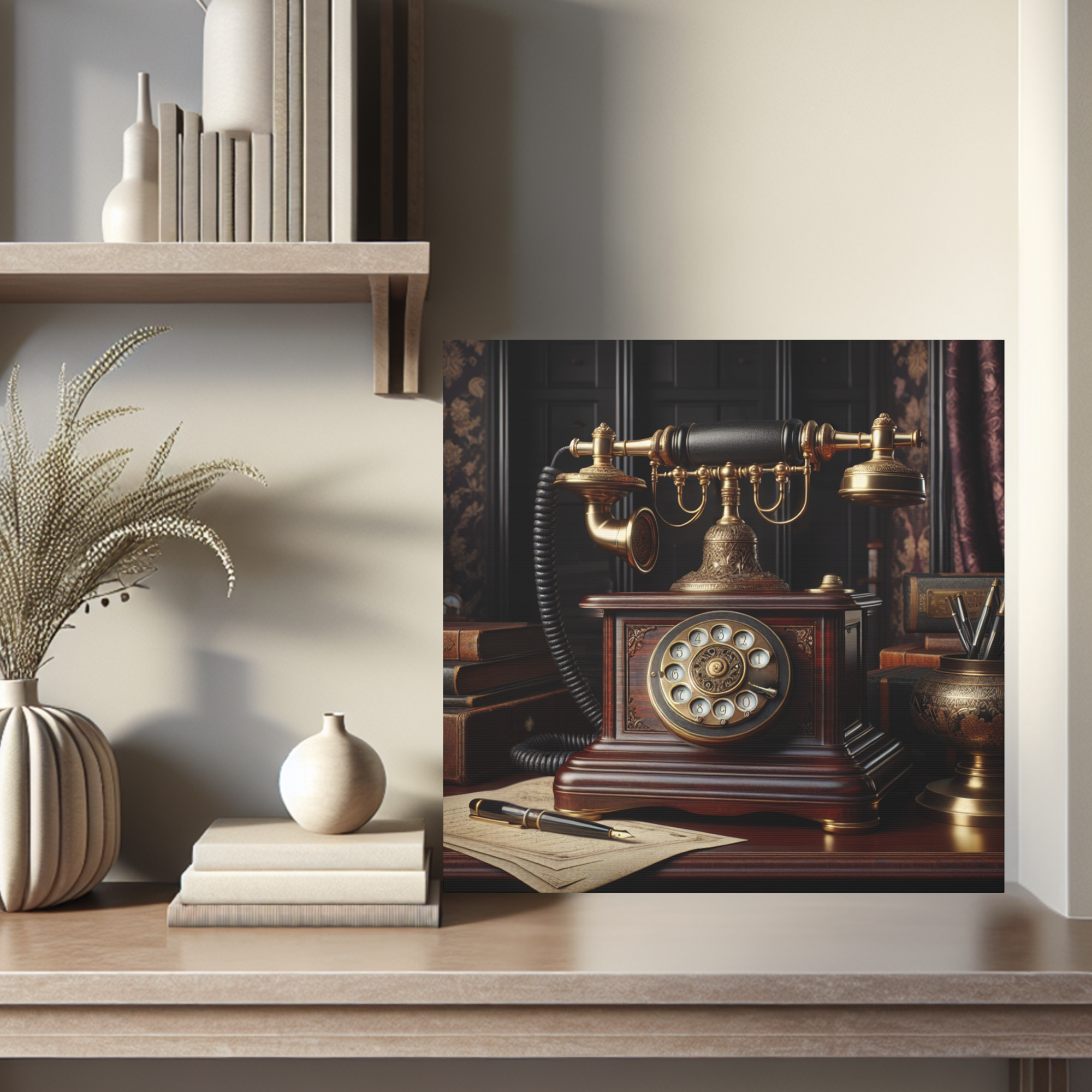 Antique Mahogany Telephone in Gentleman’s Study – Vintage Office Wall Art