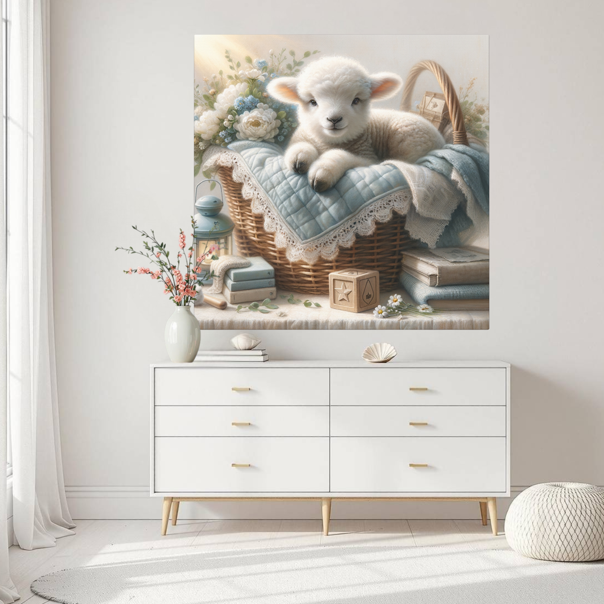 Sweet Baby Lamb in Blue Basket – Blue Nursery Wall Art