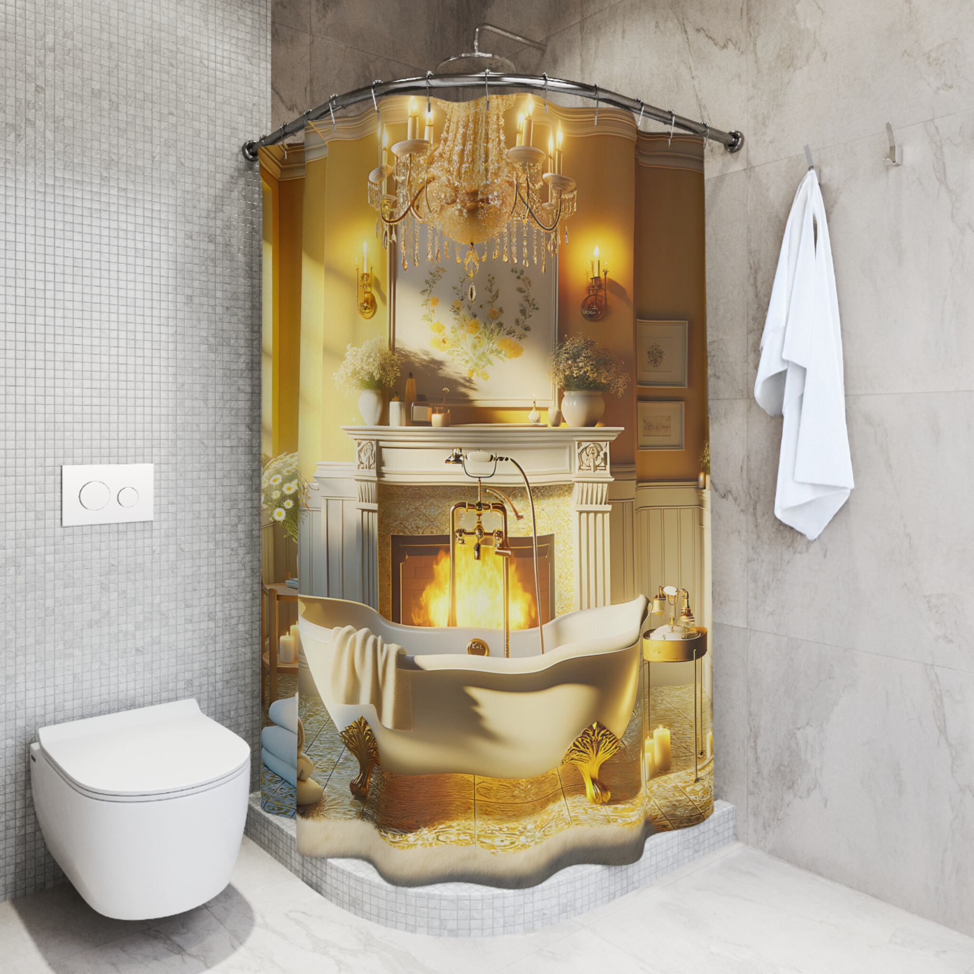 Golden Fireplace Bathroom – Elegant Yellow Shower Curtain