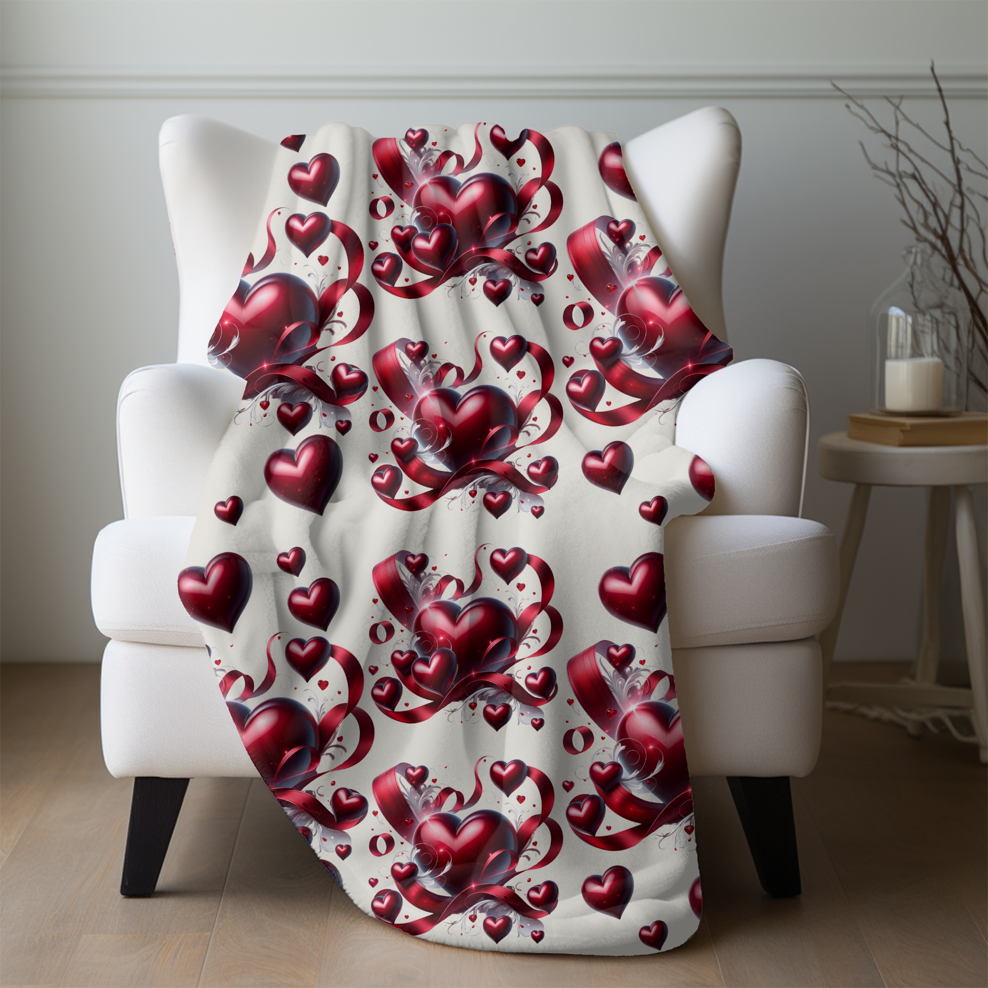 Crimson Hearts and Ribbons – Romantic Sherpa Blanket