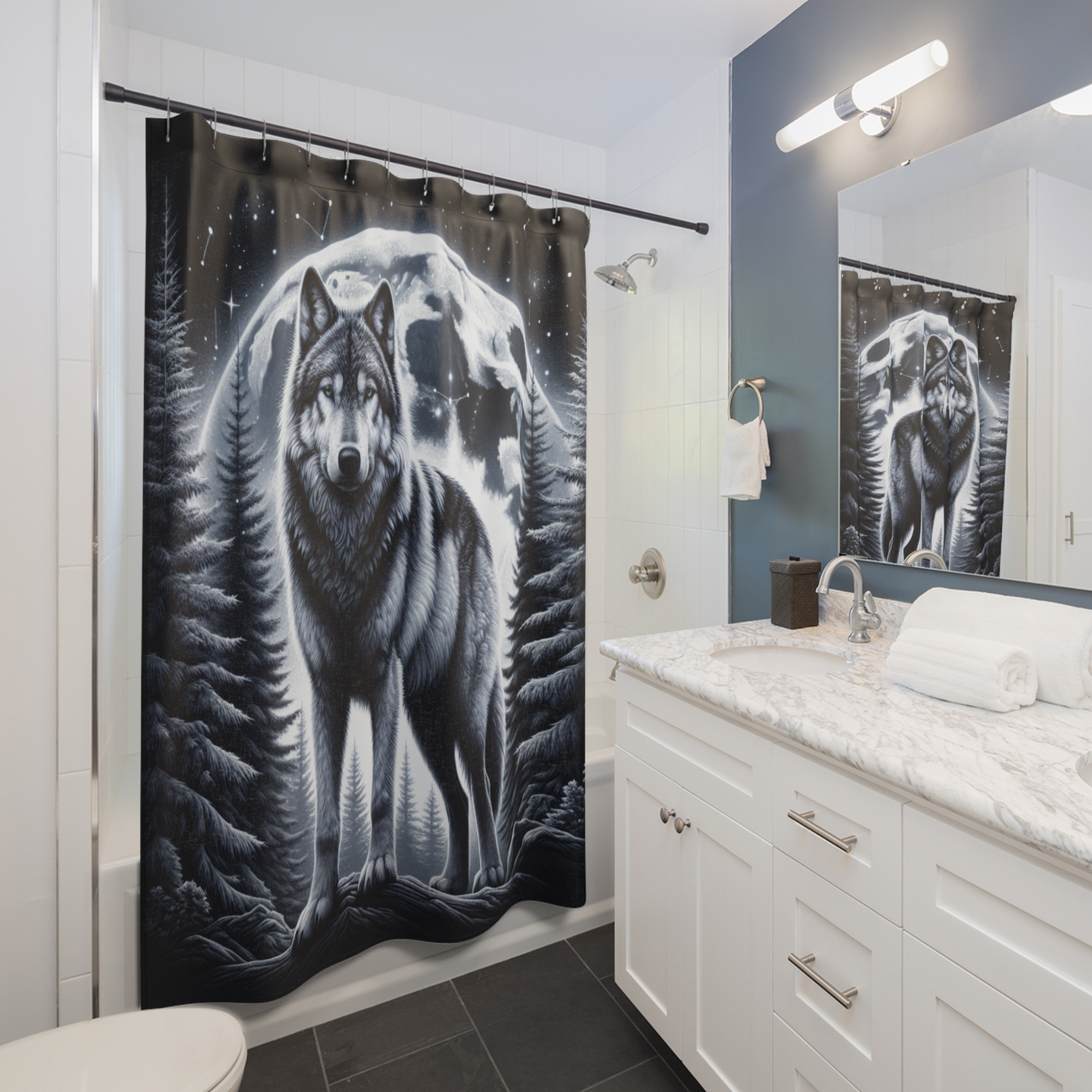 Wolf in Moonlit Forest – Wild Spirit Shower Curtain