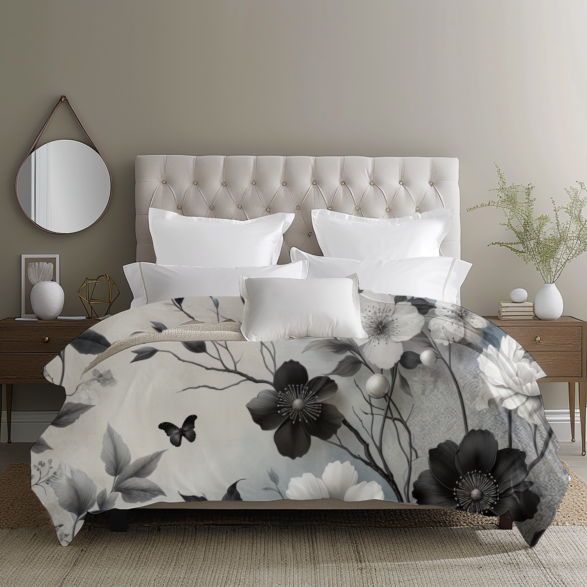 Vintage Black and White Floral Duvet – Elegant Grayscale Bedding