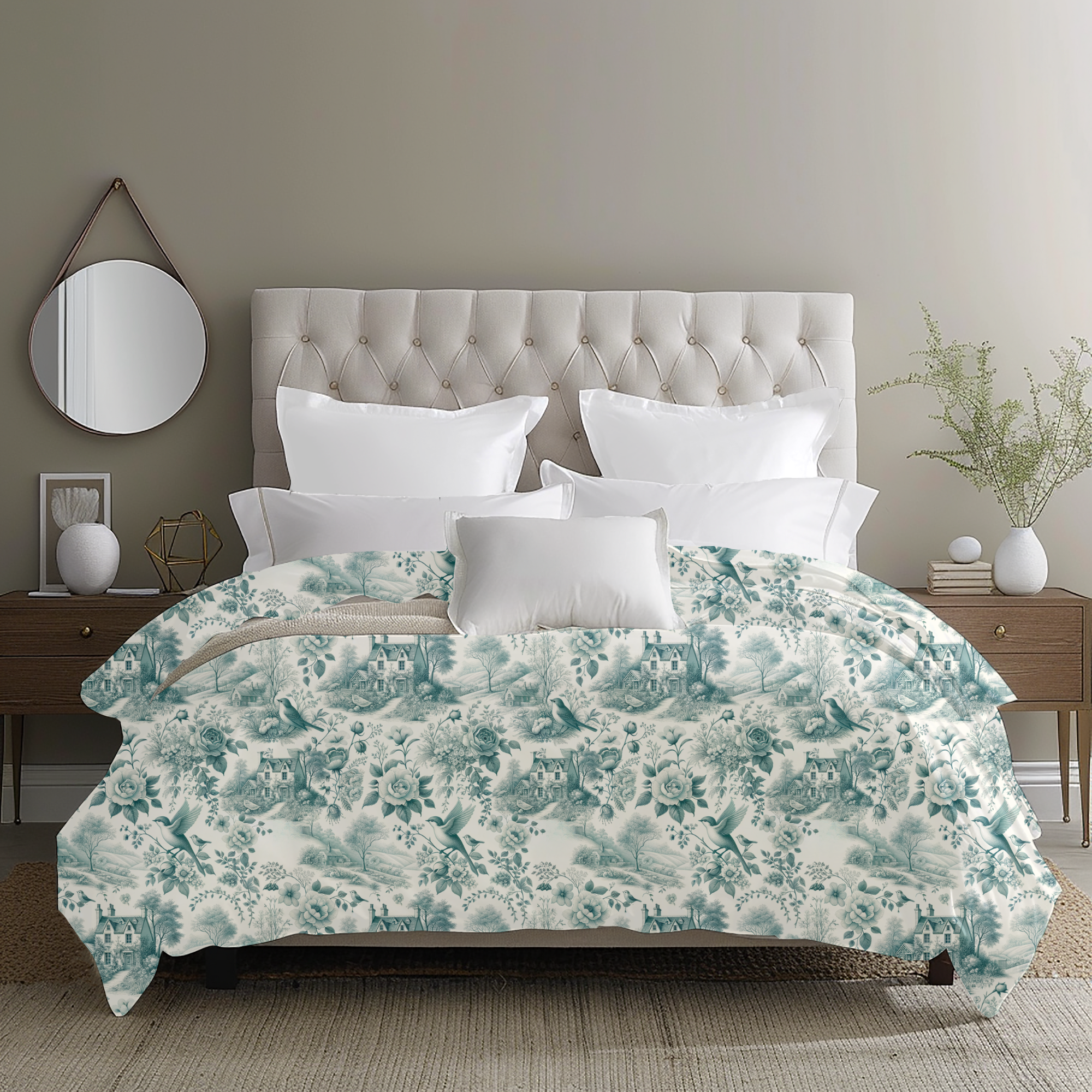 Teal Toile Countryside Duvet Cover – Vintage French Farmhouse Bedding