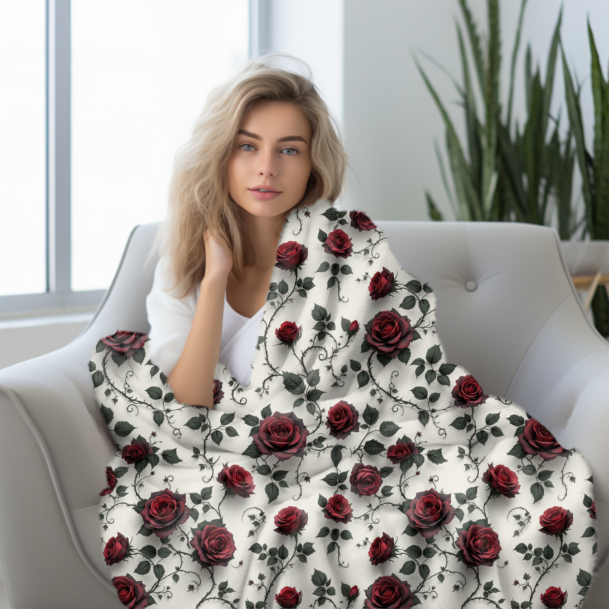 Crimson Roses on Ivory – Gothic Sherpa Blanket