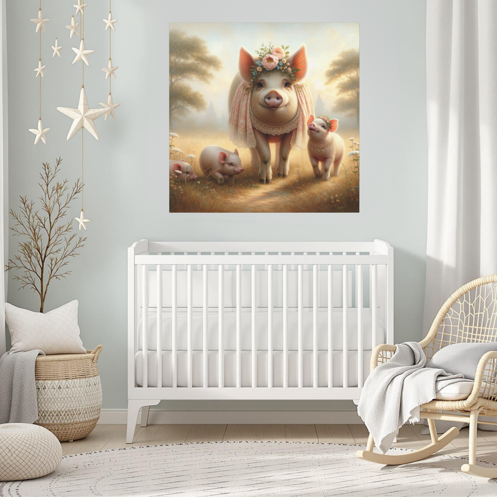 Mama Pig With Piglets in Floral Field – Vintage Pig Wall Art