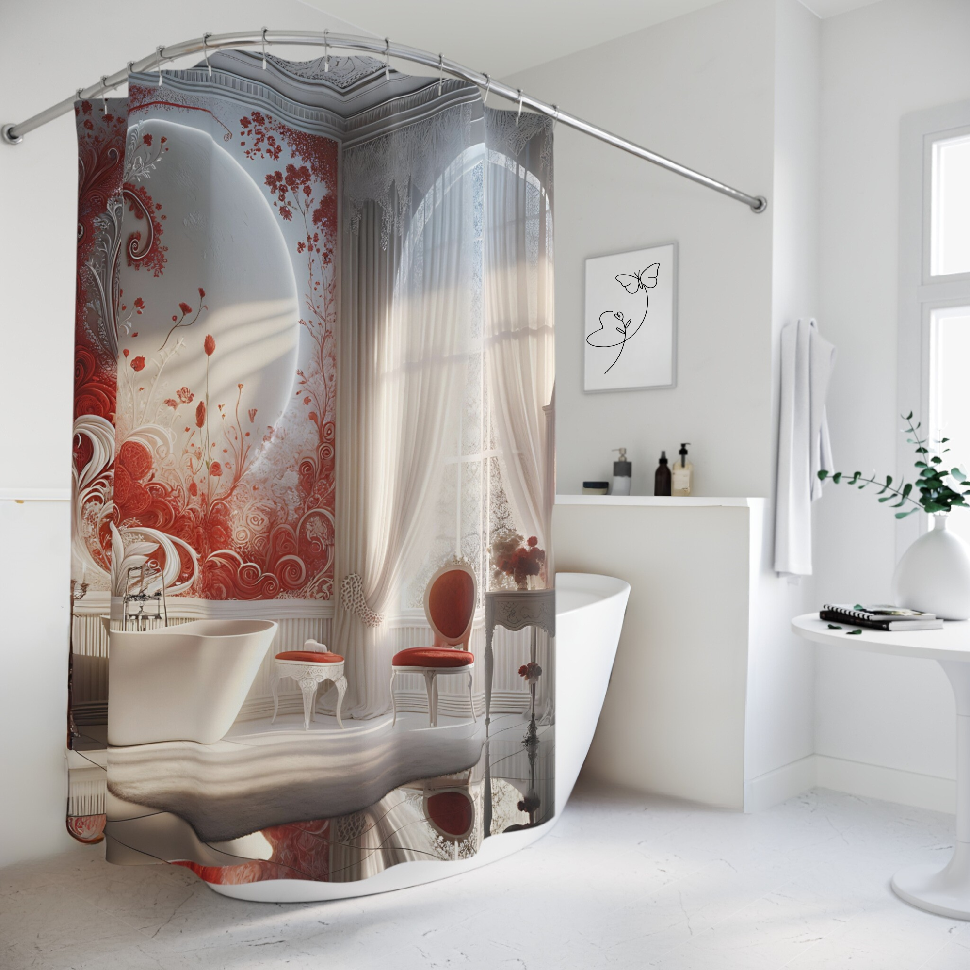 Red Floral Scrollwork Bathroom – Elegant Red and White Shower Curtain