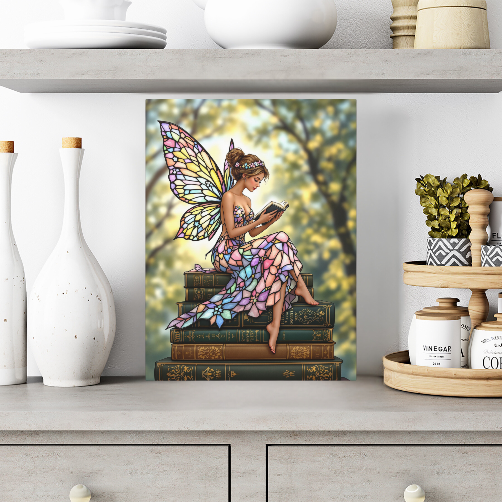 Stained Glass Fairy Reading – Fantasy Vertical Wall Art