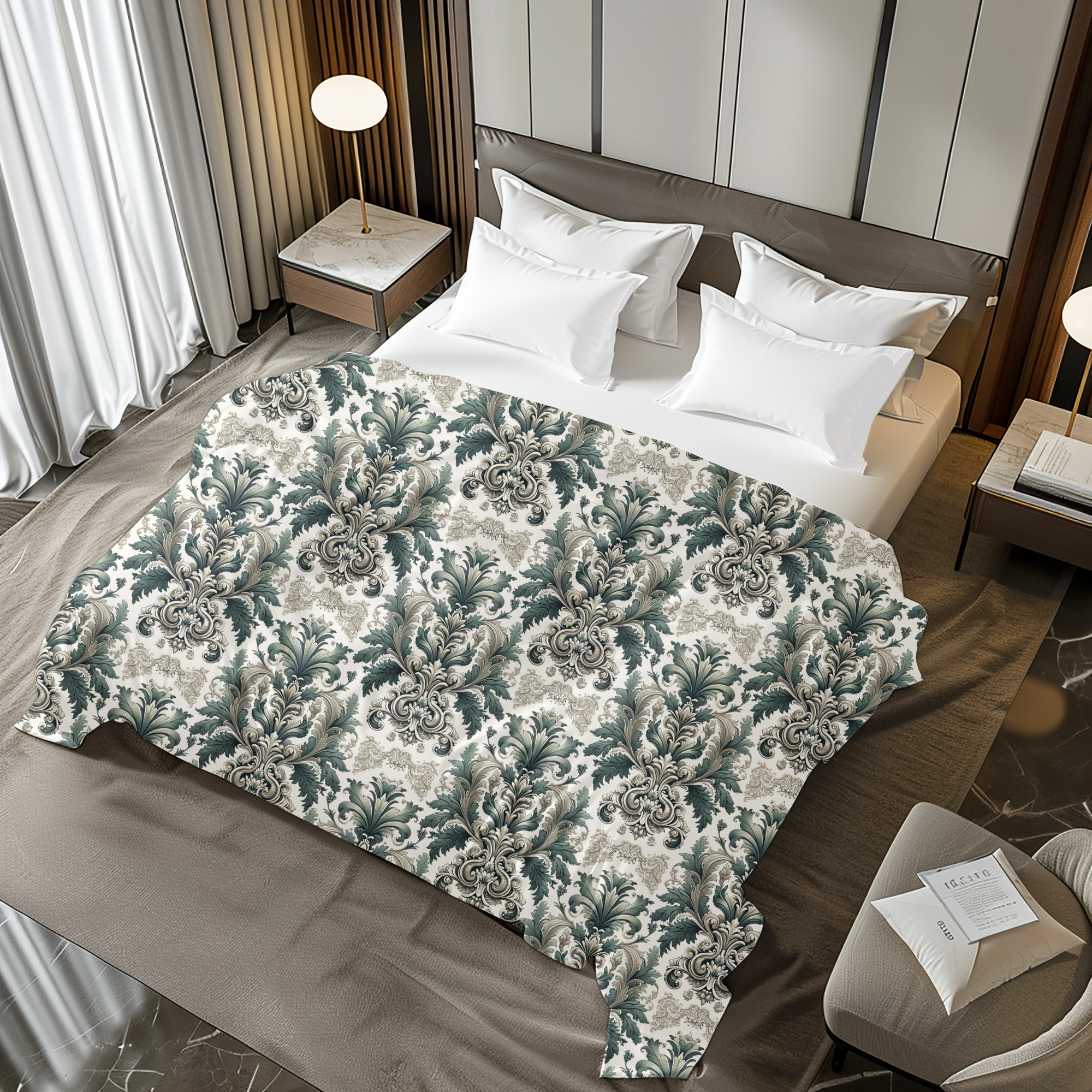 Victorian Damask Duvet Cover – Elegant Green and Ivory Bedding
