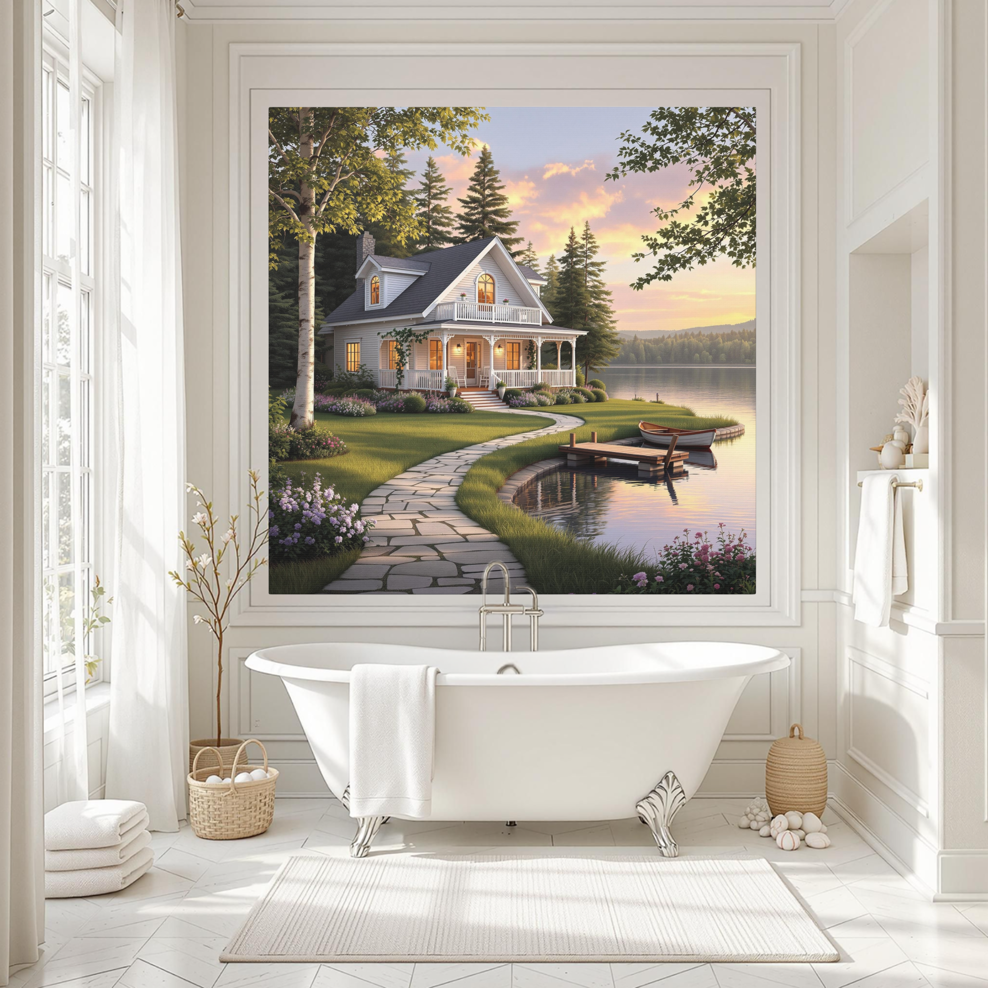 Cozy White Cottage at Lakeside – Romantic Lake House Wall Art