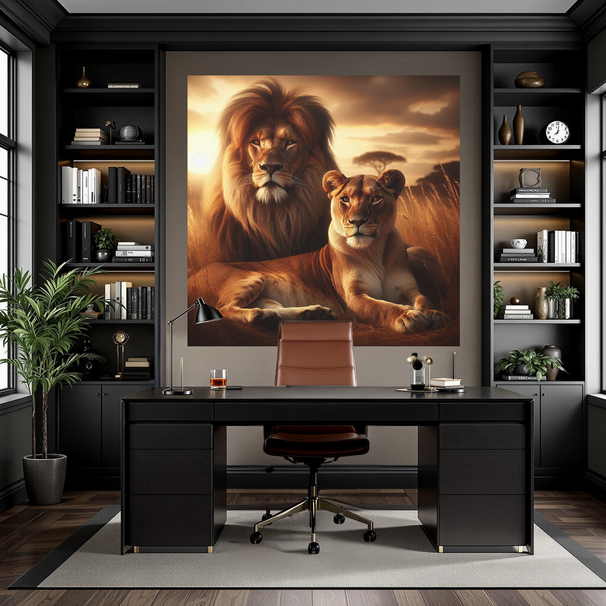 Lion and Lioness in Golden Savanna – Majestic Wildlife Wall Art