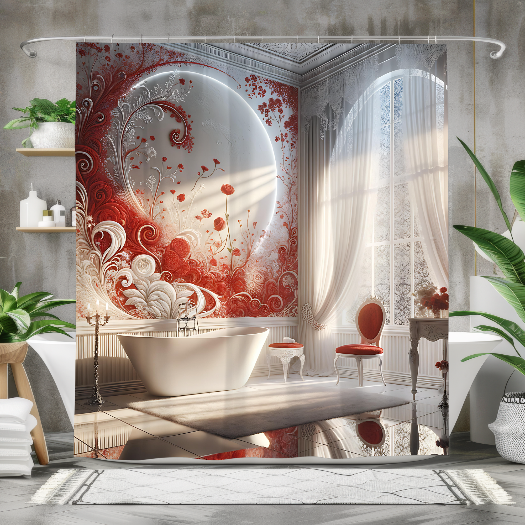 Red Floral Scrollwork Bathroom – Elegant Red and White Shower Curtain