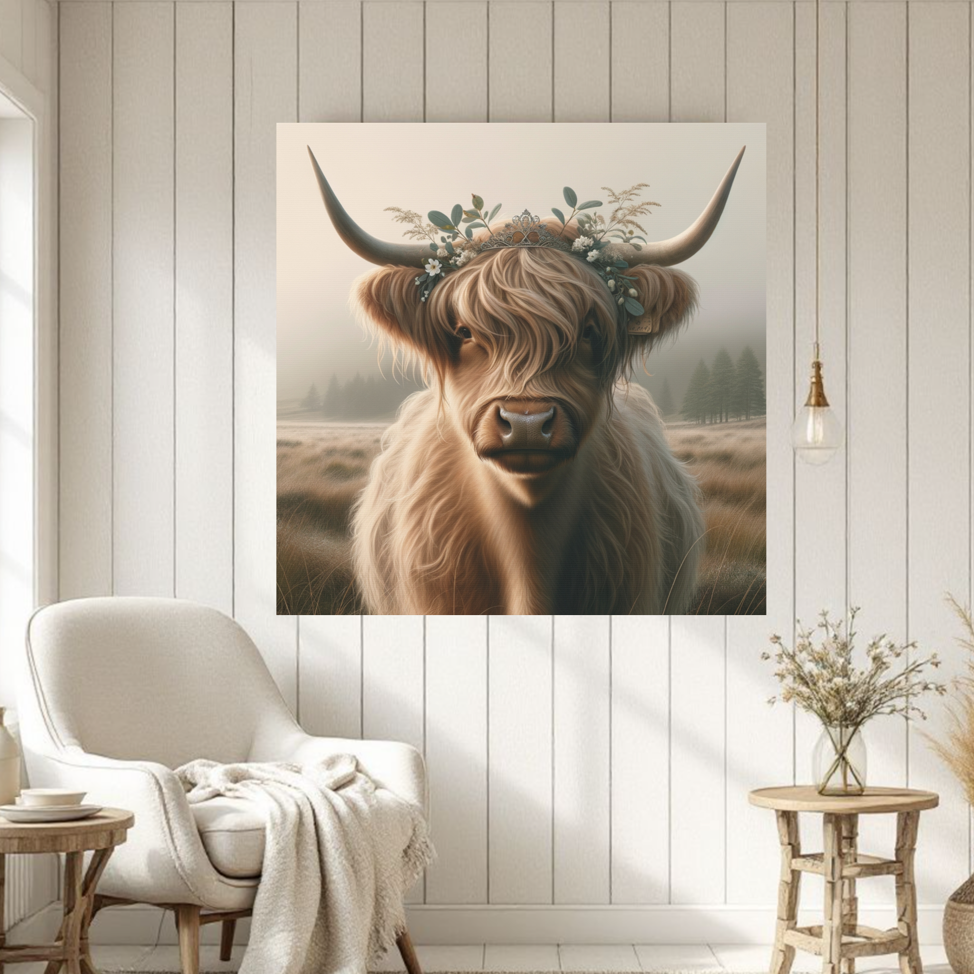 Highland Cow With Tiara in Misty Field – Farmhouse Cow Wall Art