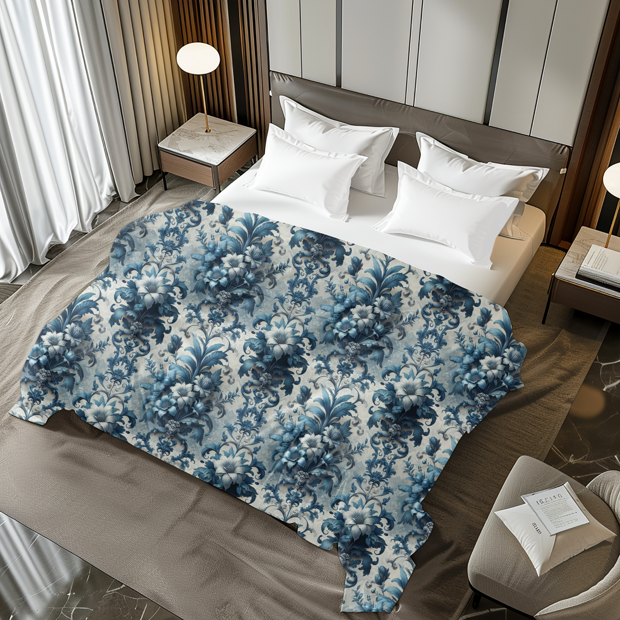 Blue Baroque Floral Duvet – Elegant French Bedroom Decor