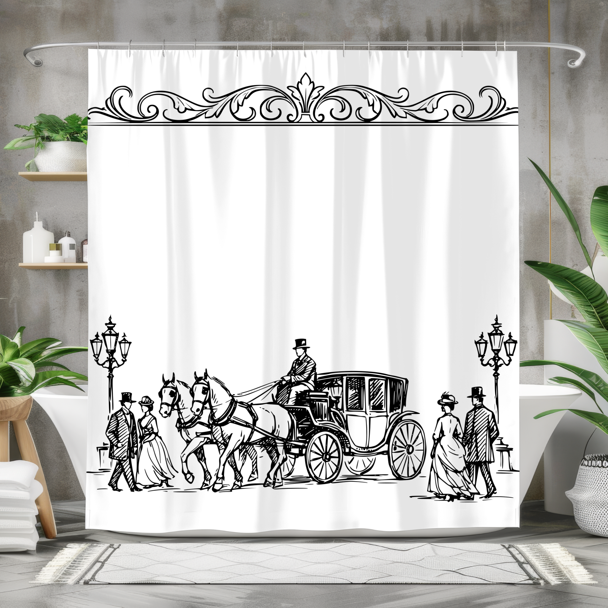 Victorian Carriage Shower Curtain Black White
