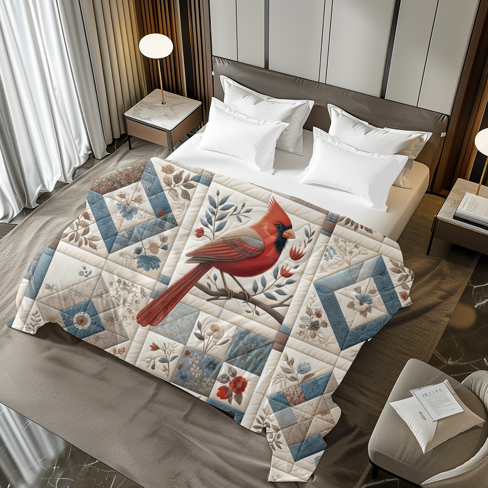 Cardinal in Blue Floral Patchwork – Cardinal Quilt Duvet Cover