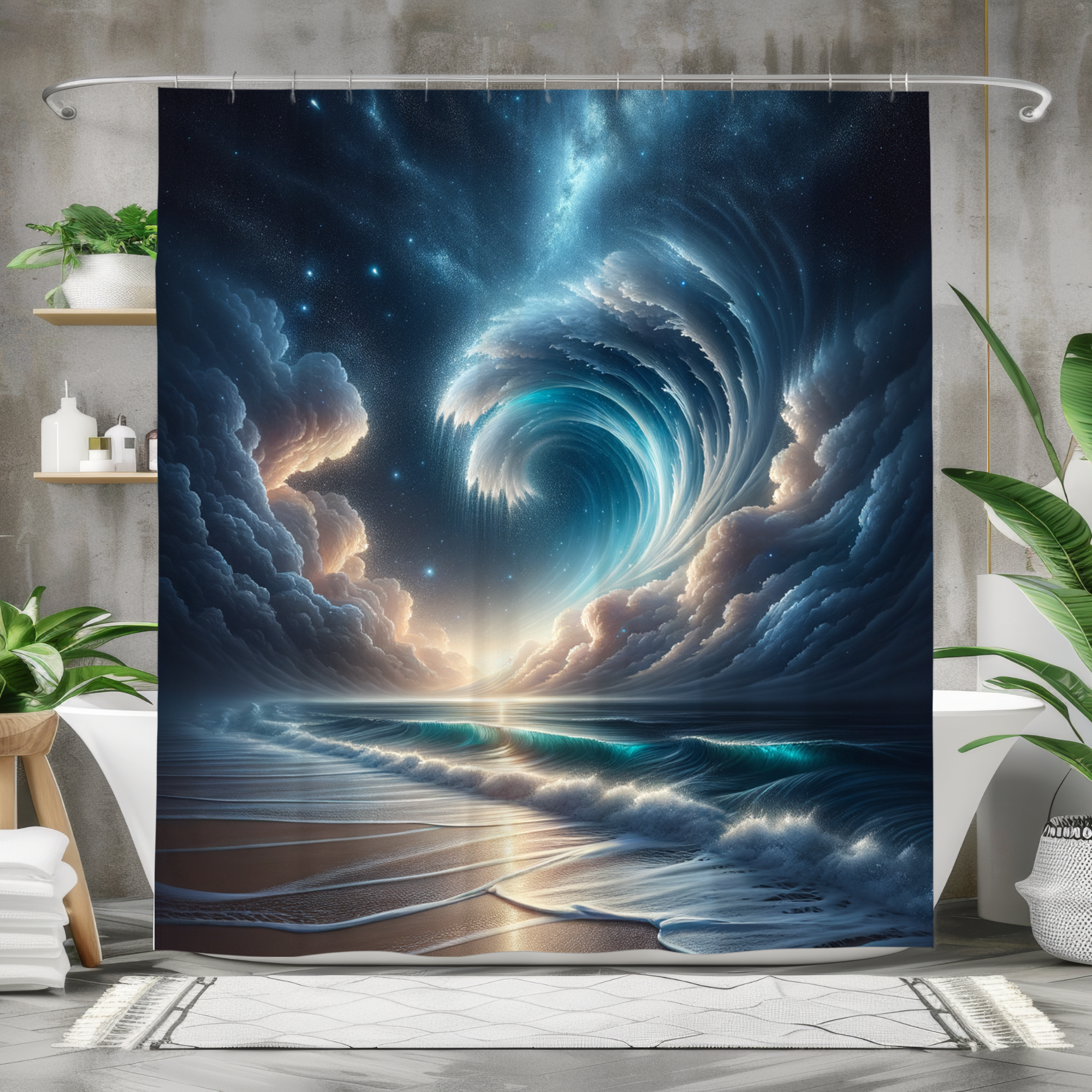 Celestial Ocean Wave – Elegant Cosmic Shower Curtain