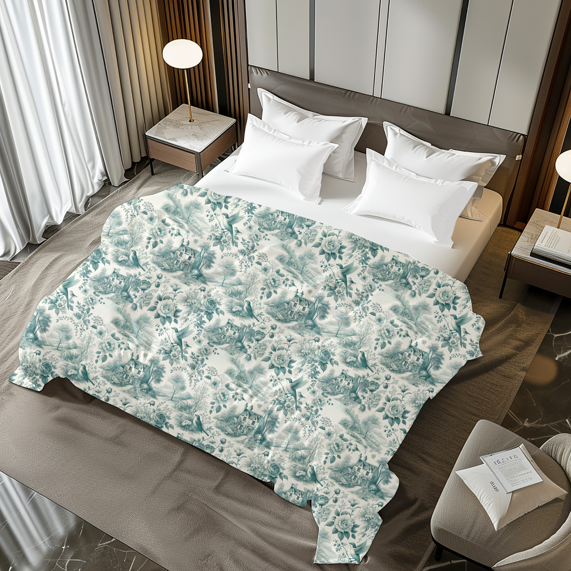Teal Toile Countryside Duvet Cover – Vintage French Farmhouse Bedding