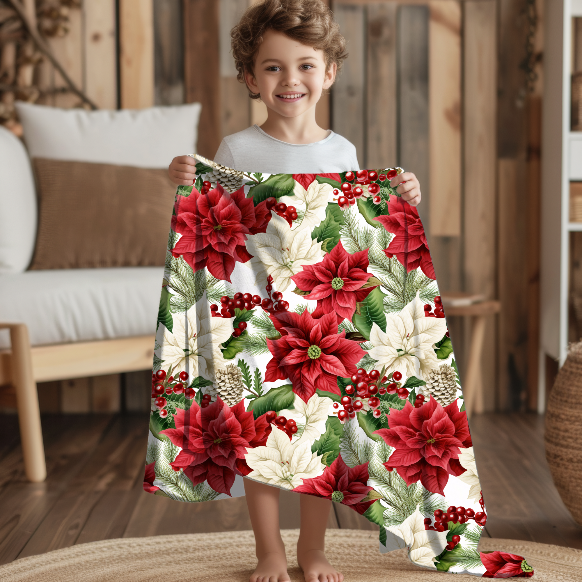 Red and White Poinsettias – Christmas Floral Velveteen Blanket