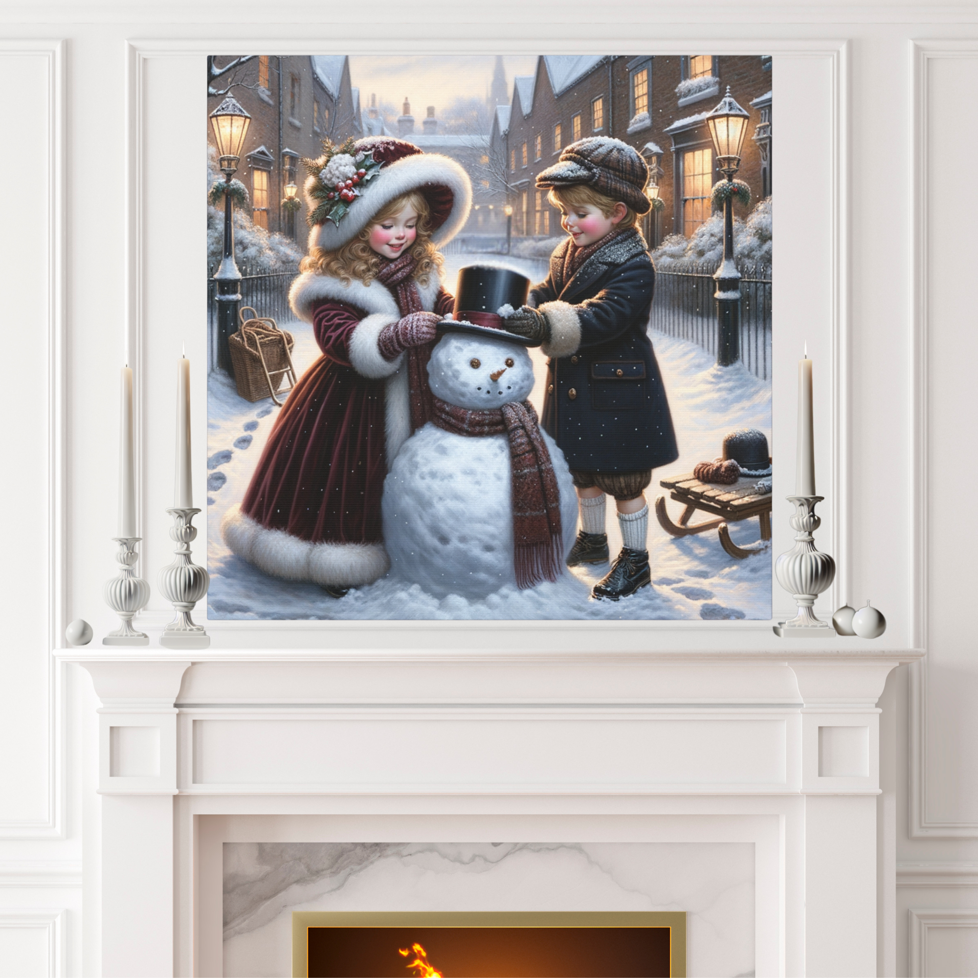 Victorian Children Building a Snowman – Vintage Winter Wall Art