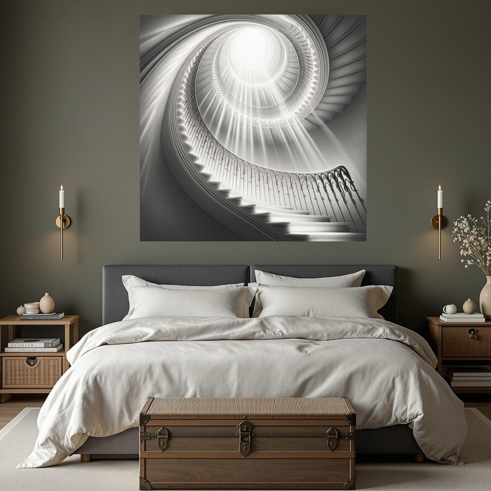 Spiral Staircase to Light – Elegant Black and White Wall Art