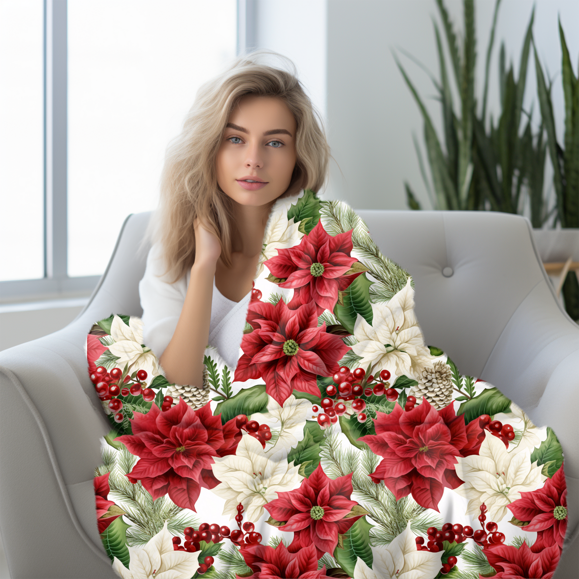 Red and White Poinsettias – Christmas Floral Velveteen Blanket