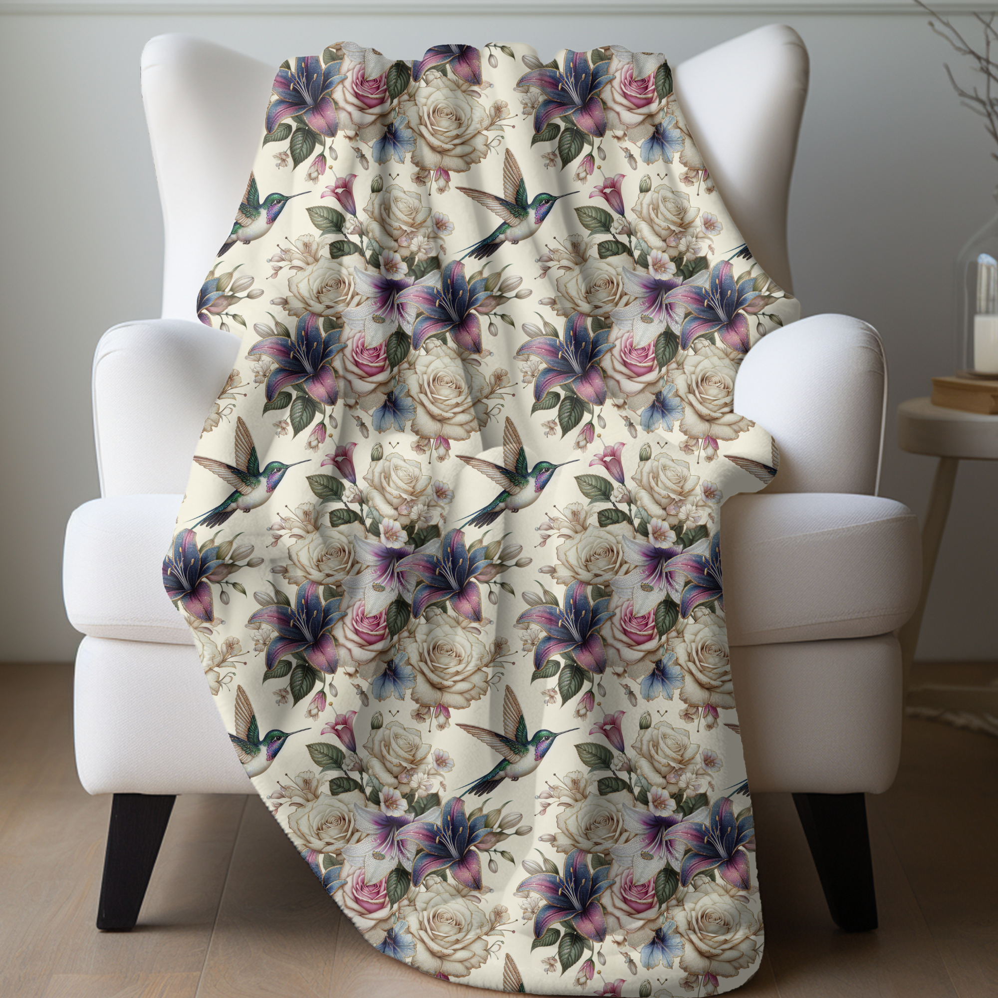 Hummingbirds and Ivory Roses – Floral Velveteen Blanket