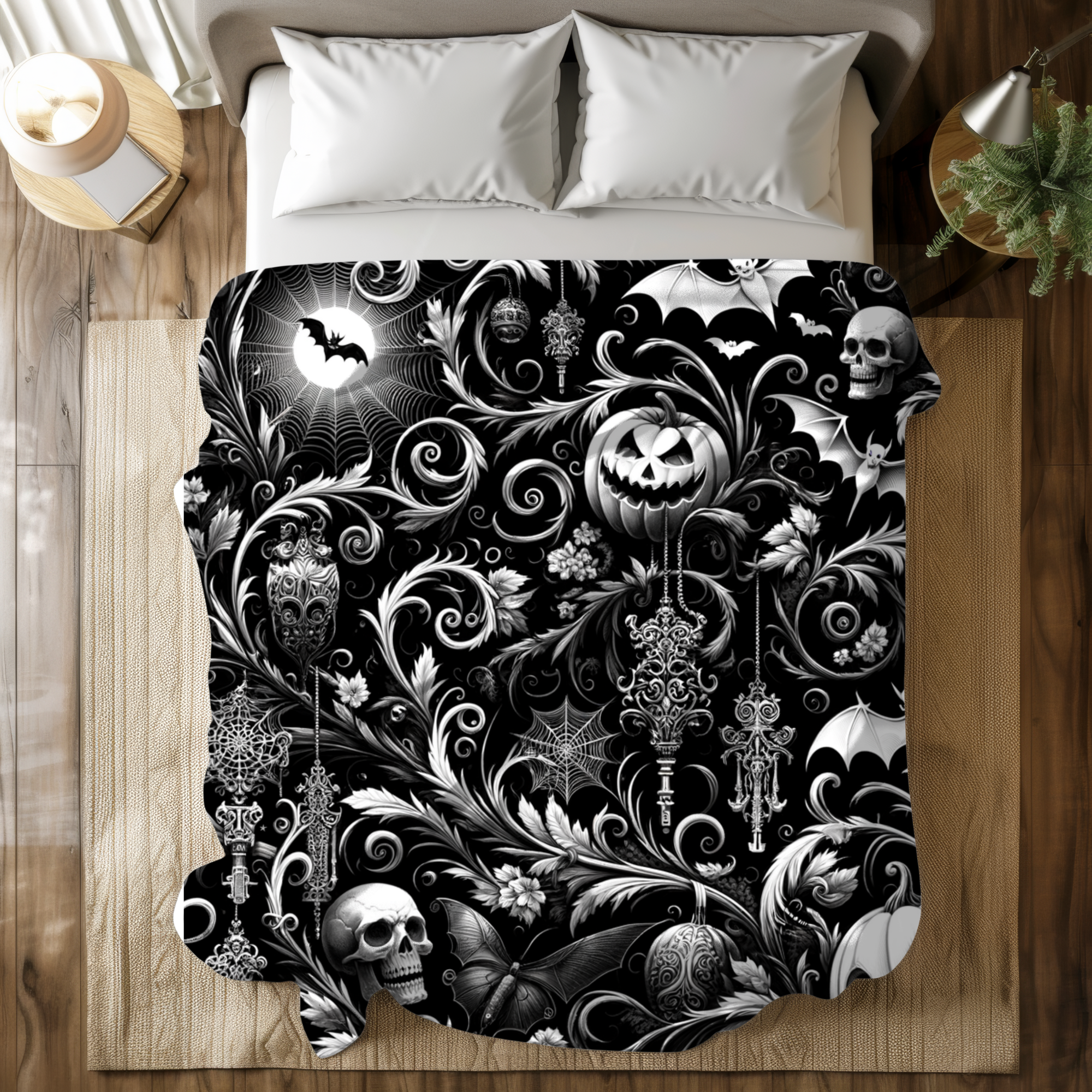 Gothic Halloween Scrollwork – Black and White Velveteen Blanket