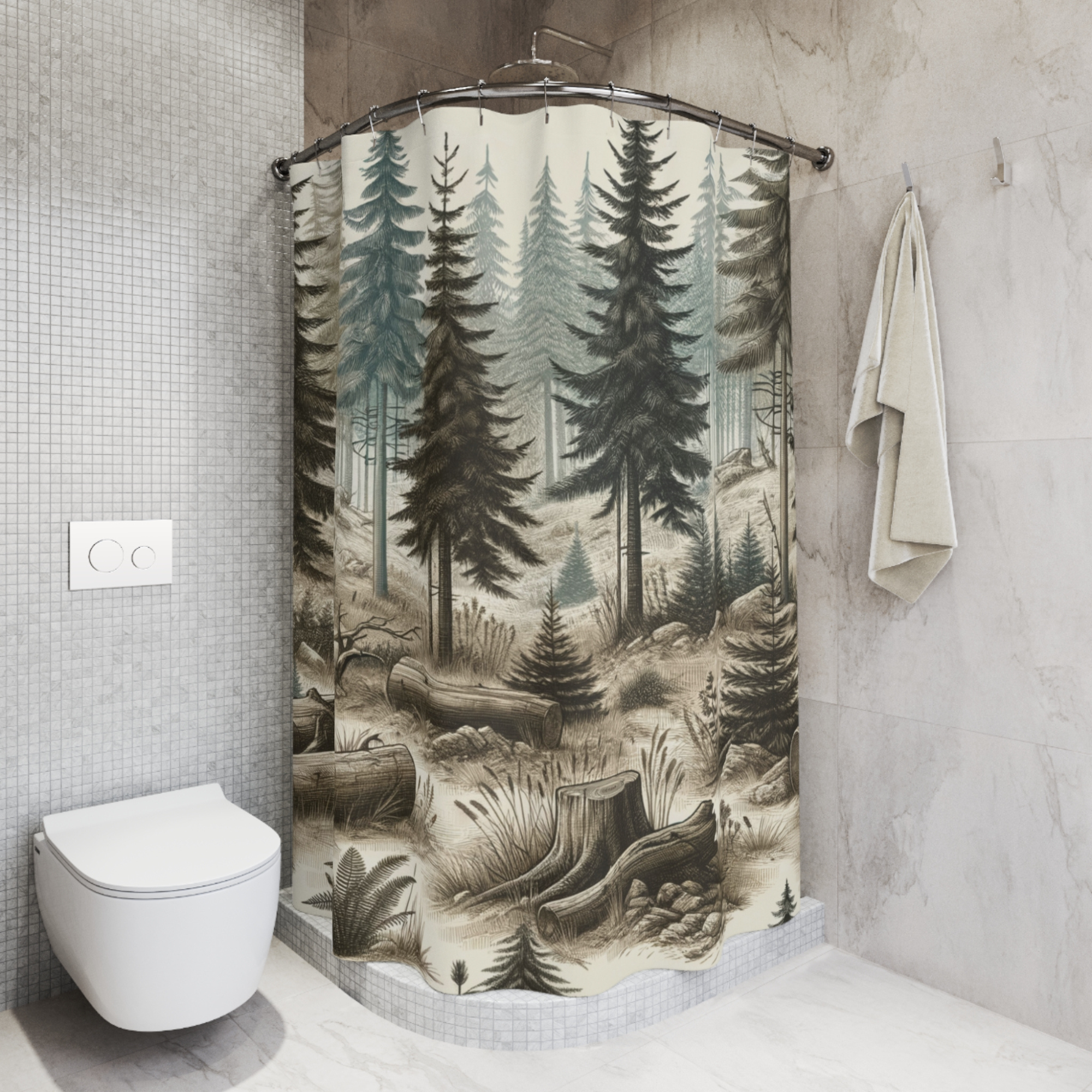 Hand-Drawn Forest Scene – Woodland Lodge Shower Curtain