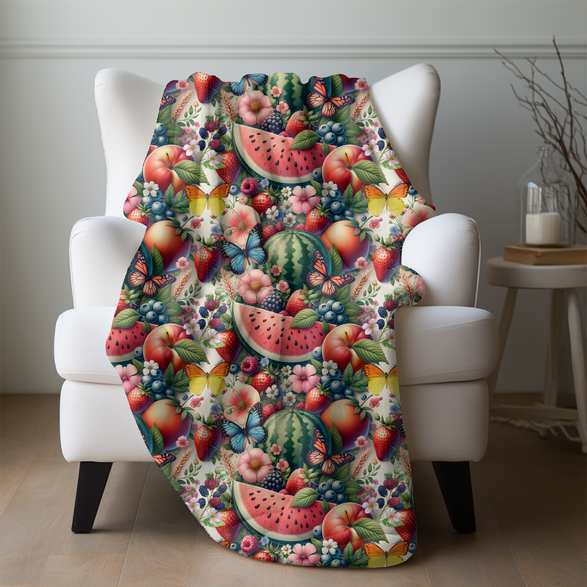Summer Fruit Garden – Butterfly & Berry Velveteen Blanket