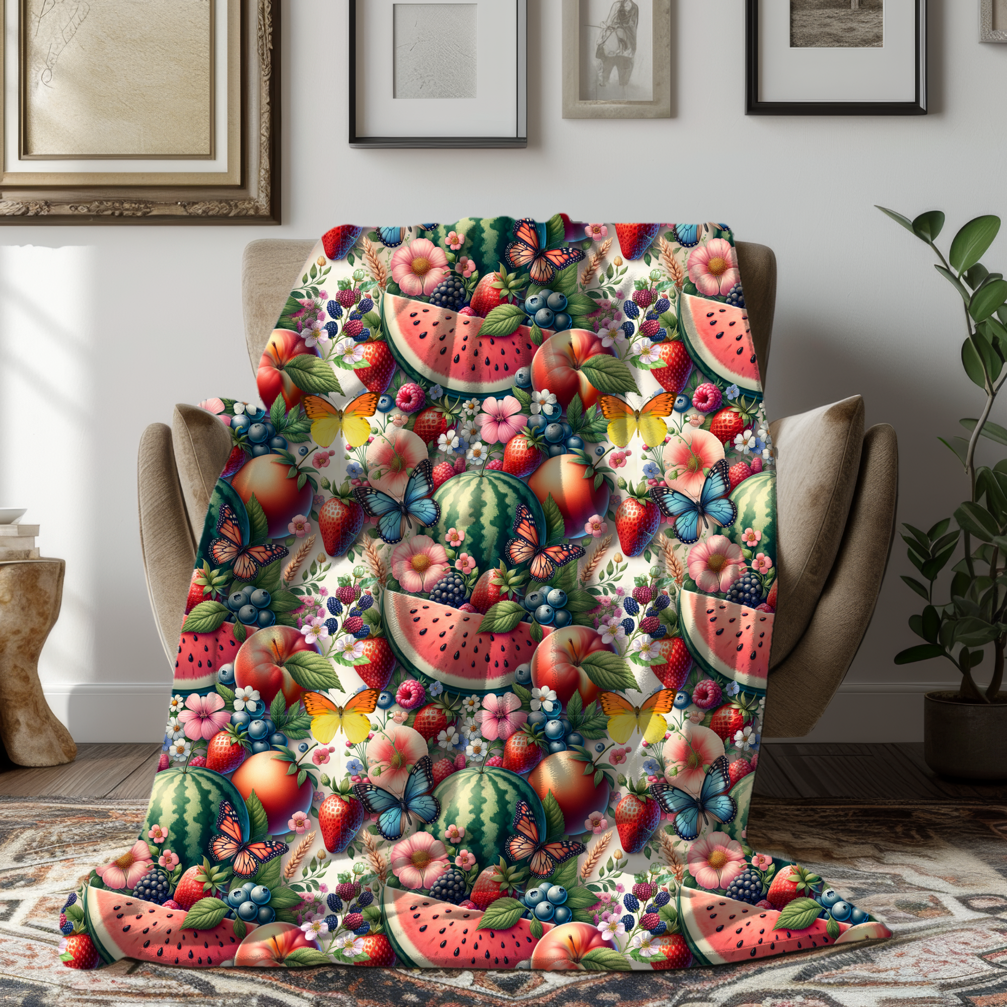Summer Fruit Garden – Butterfly & Berry Velveteen Blanket