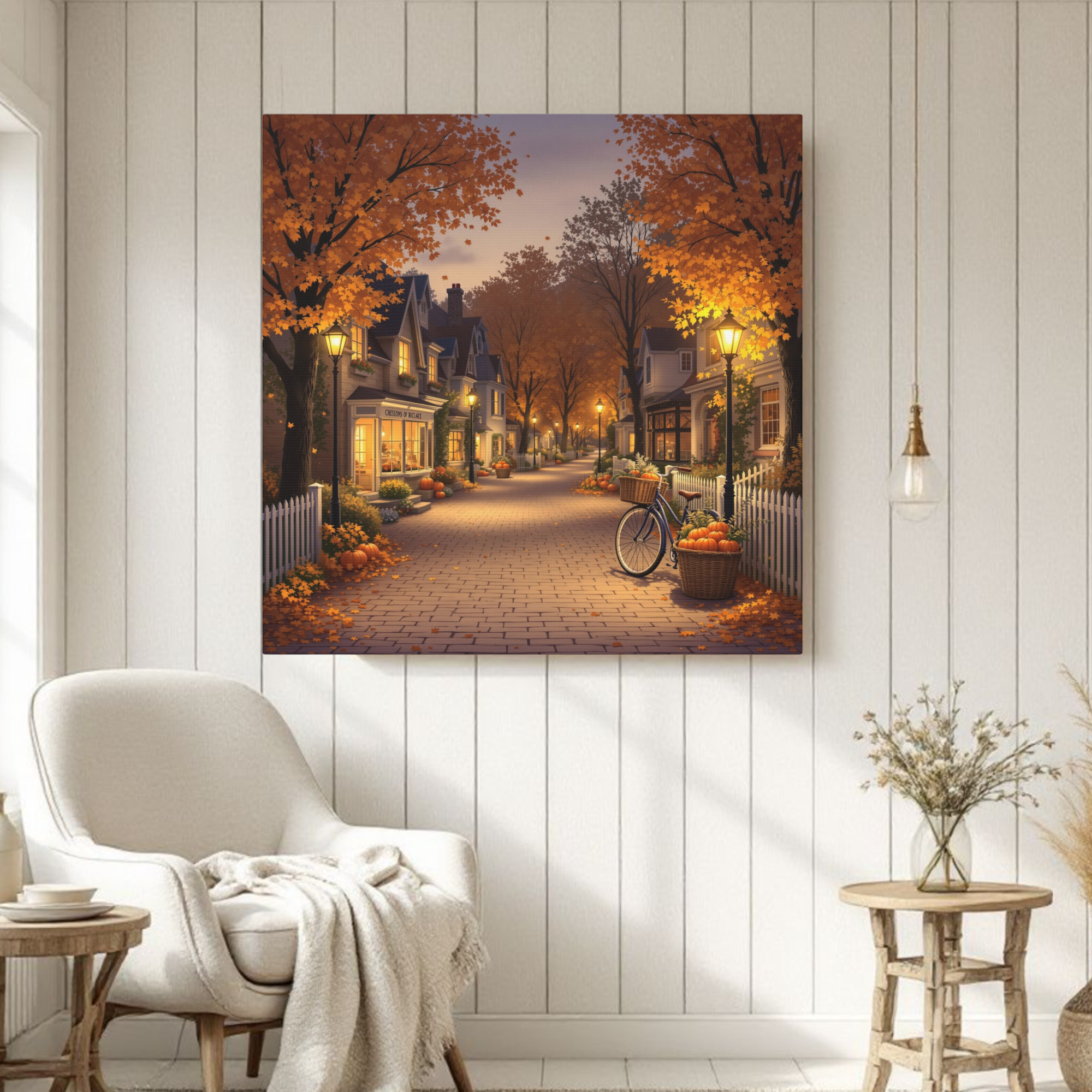 Pumpkin-Lined Village Street at Dusk – Cozy Autumn Wall Art