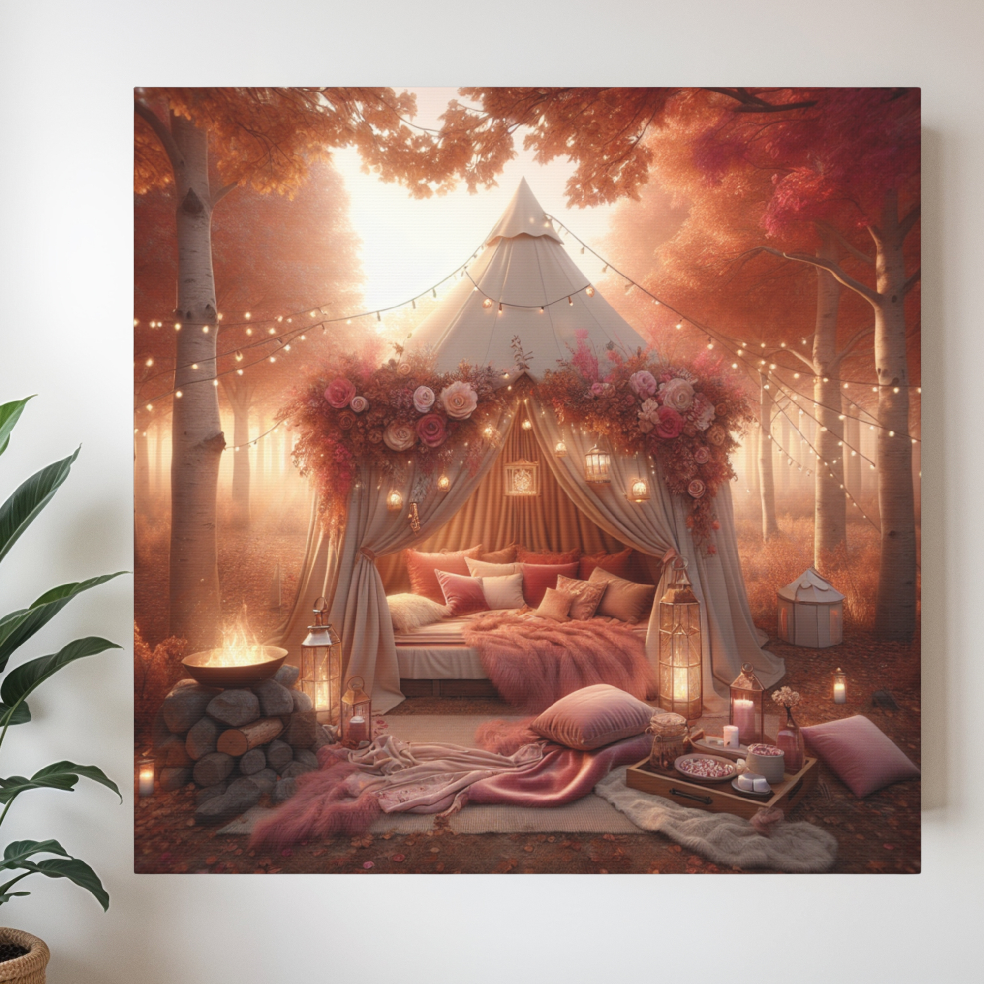 Romantic Fall Glamping Scene – Whimsical Autumn Wall Art
