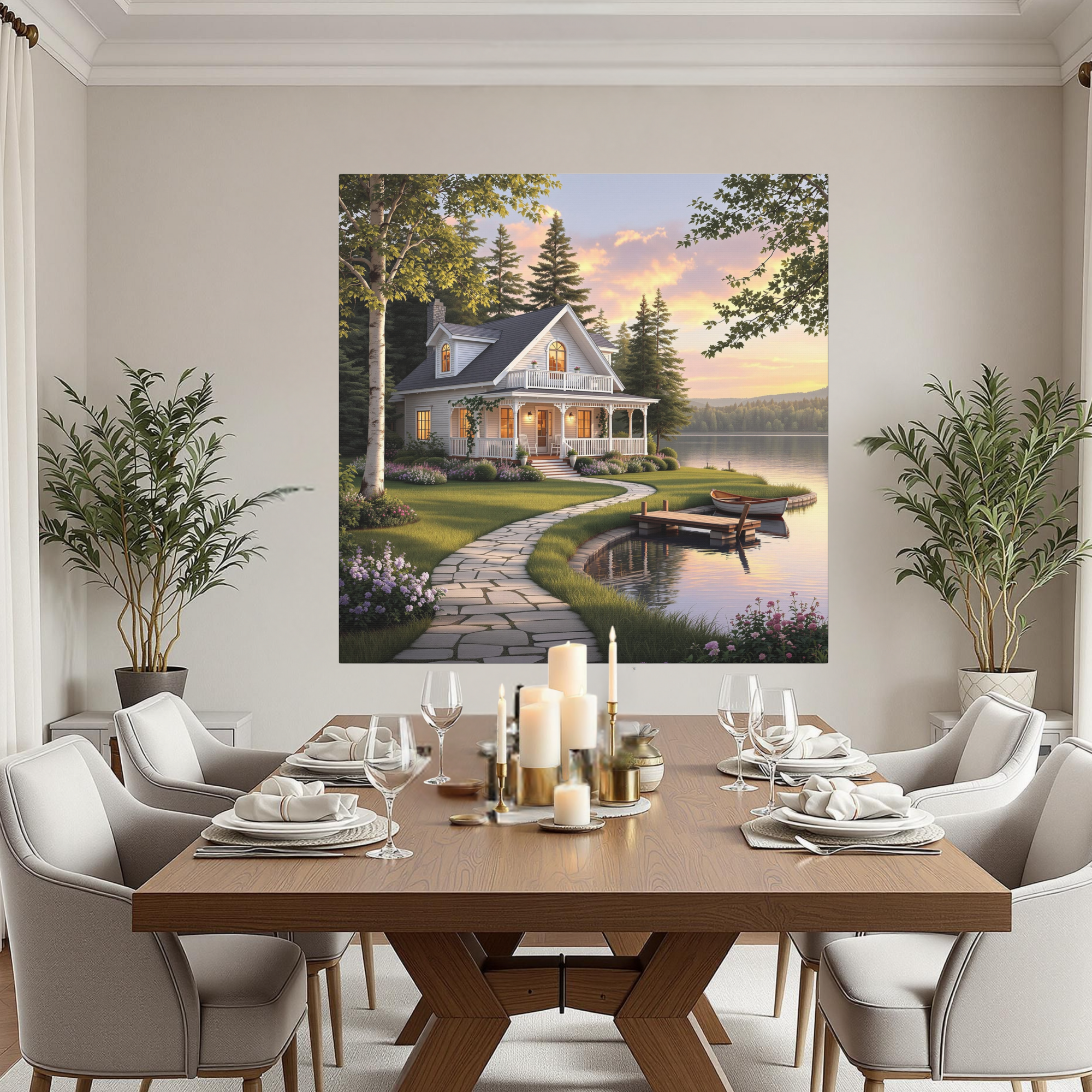 Cozy White Cottage at Lakeside – Romantic Lake House Wall Art
