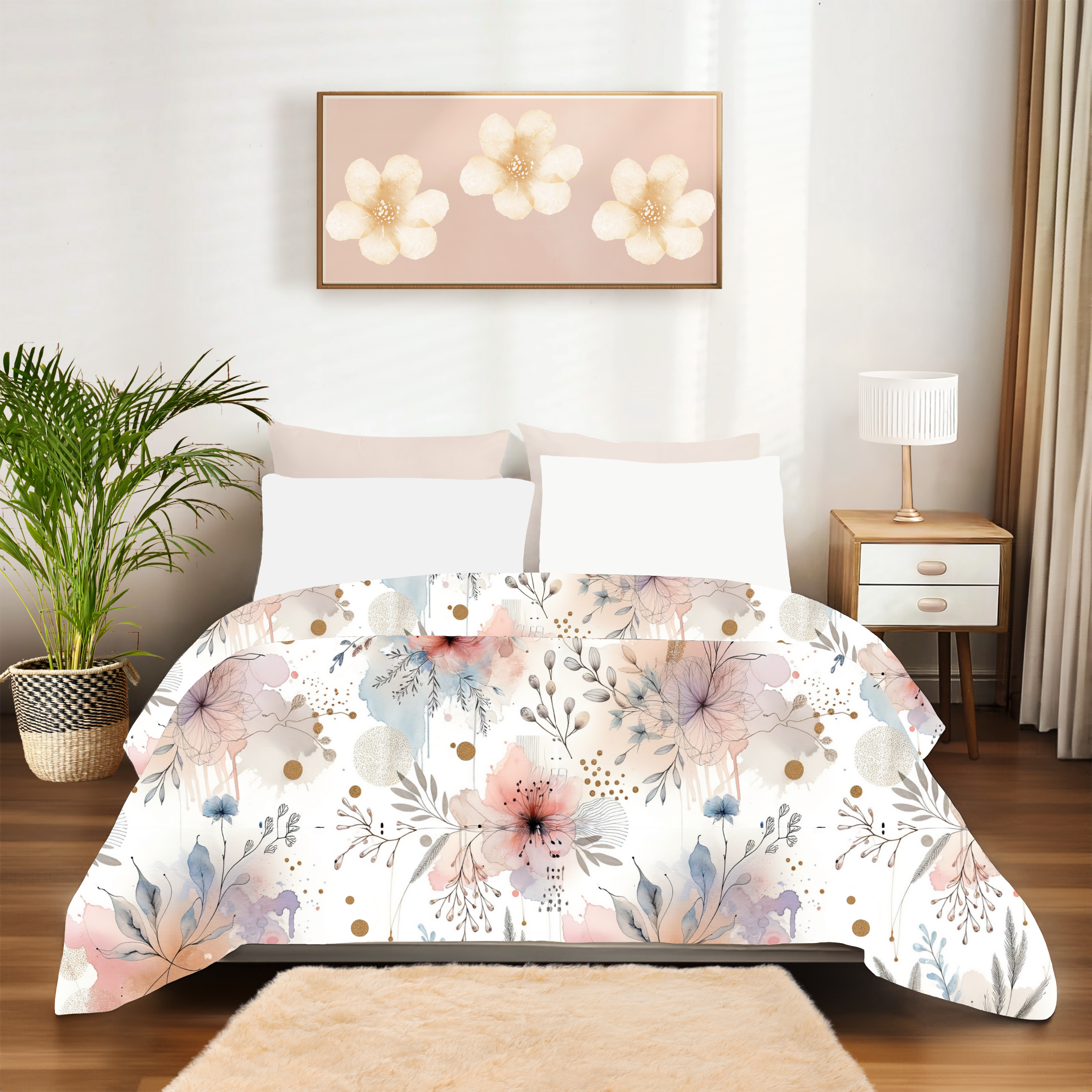 Watercolor Blush and Blue Petals – Soft Floral Duvet Cover