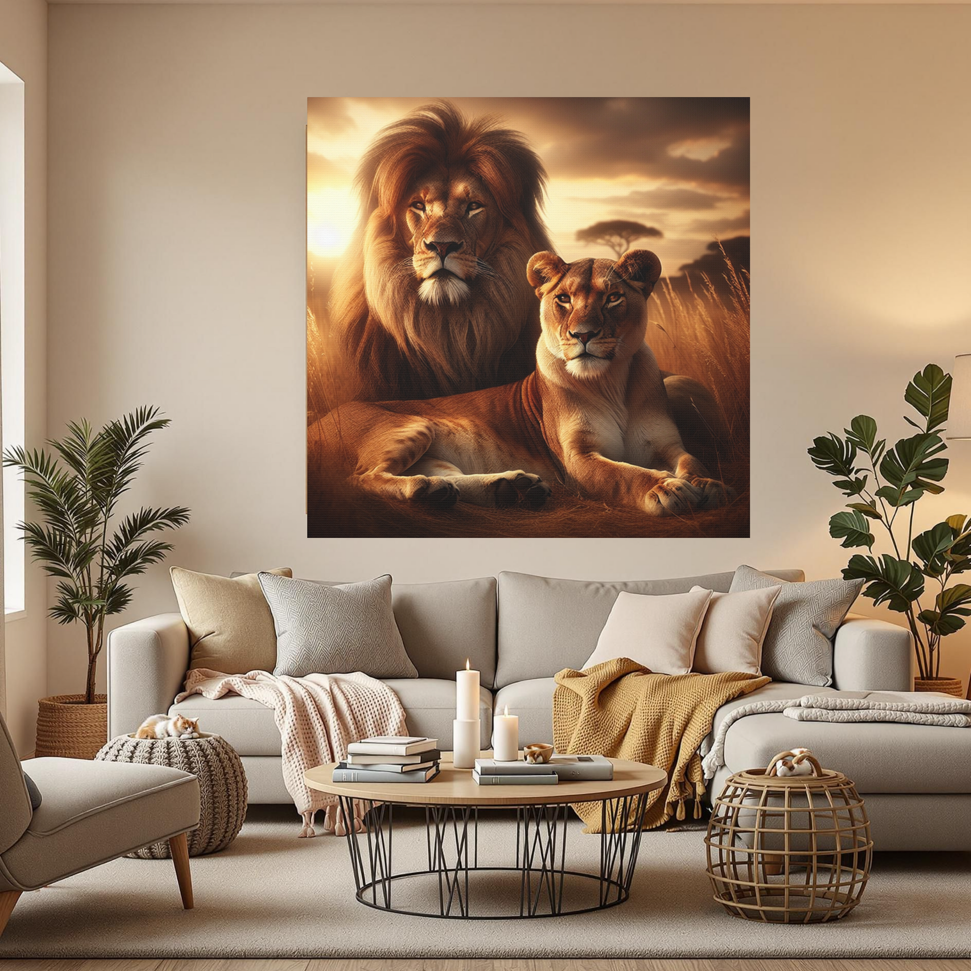 Lion and Lioness in Golden Savanna – Majestic Wildlife Wall Art