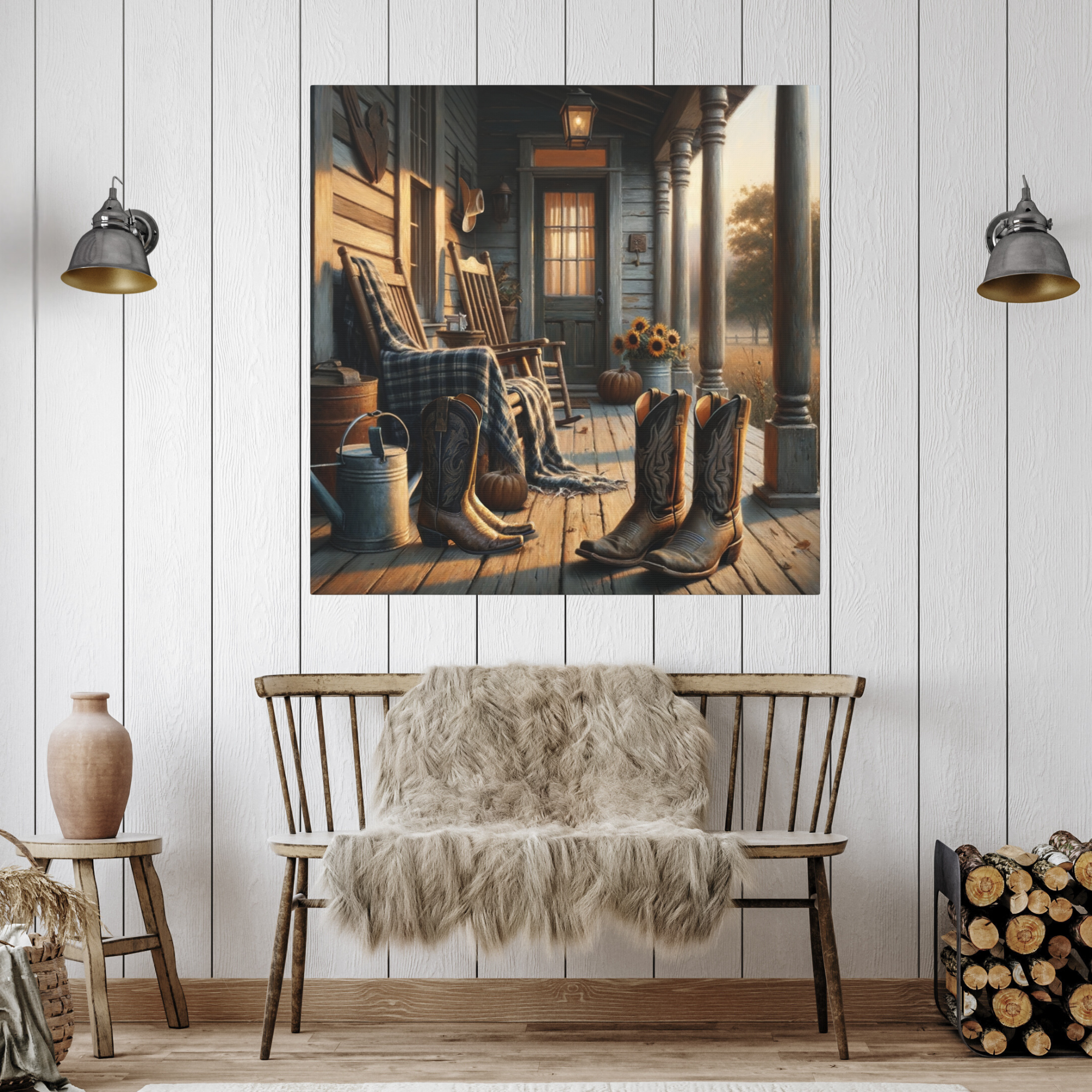 Rustic Farmhouse Porch With Cowboy Boots – Country Front Porch Wall Art